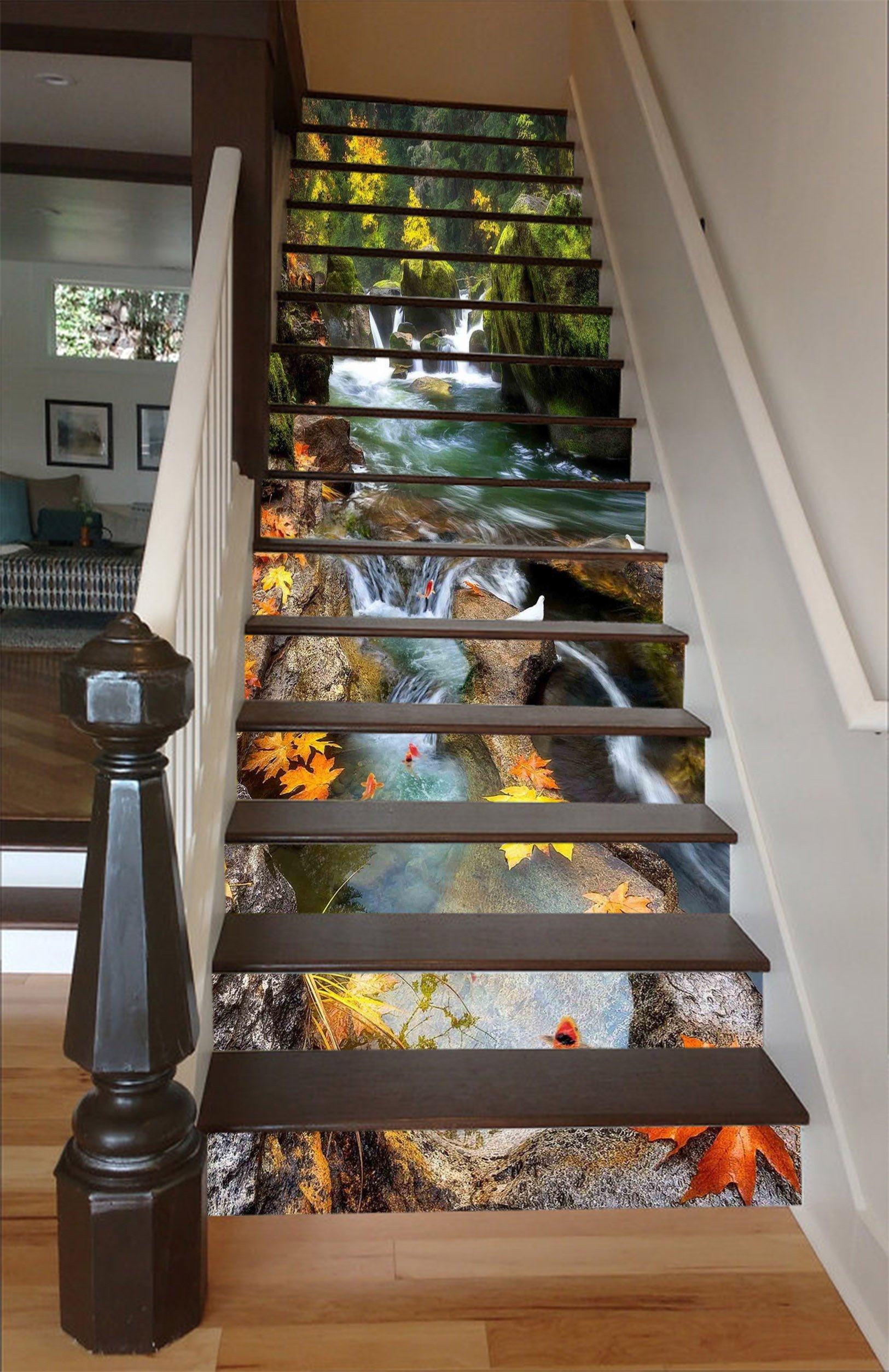 3D River Leaves Birds 1420 Stair Risers Wallpaper AJ Wallpaper