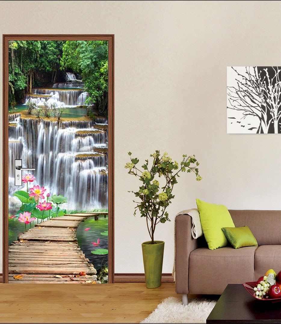 3D lotus and waterfall door mural Wallpaper AJ Wallpaper