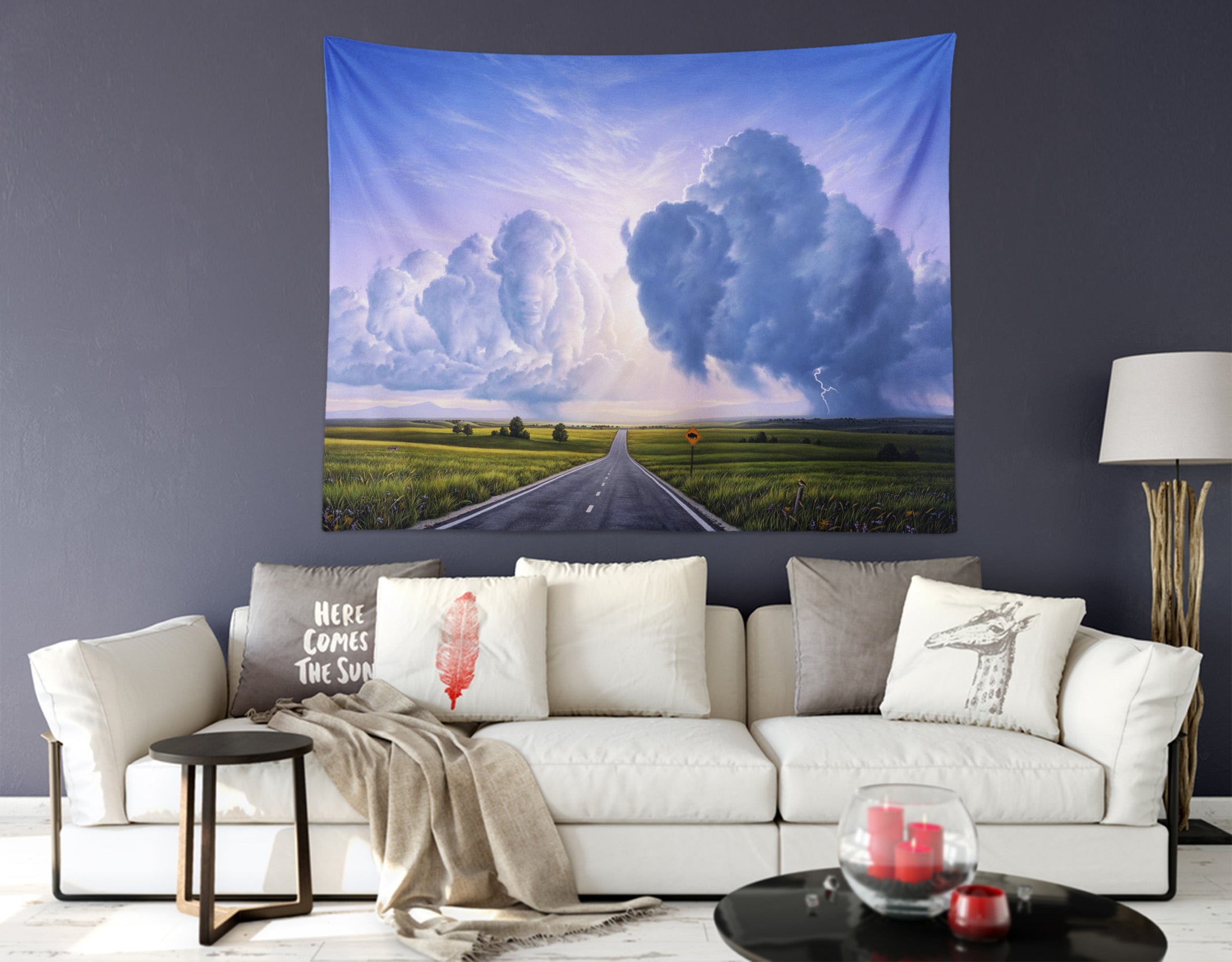 3D Grass Road Clouds 111125 Jerry LoFaro Tapestry Hanging Cloth Hang