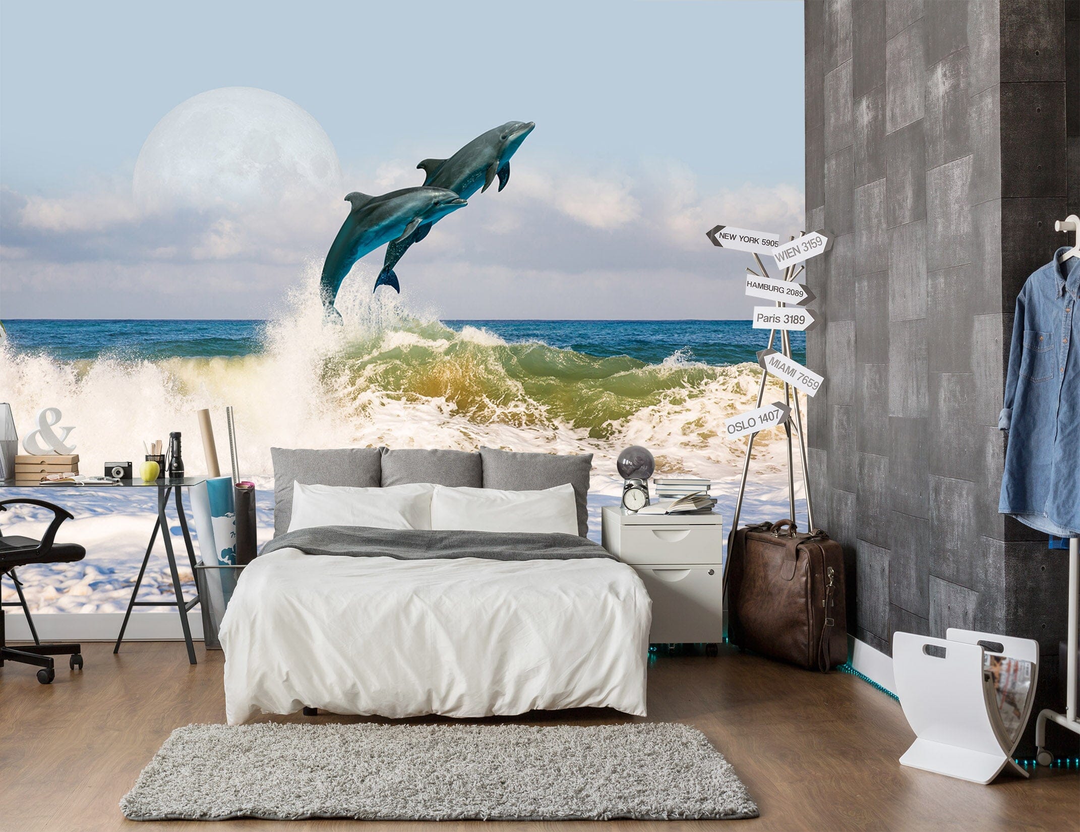 3D Moon Dolphin 237 Wall Murals Wallpaper AJ Wallpaper 2