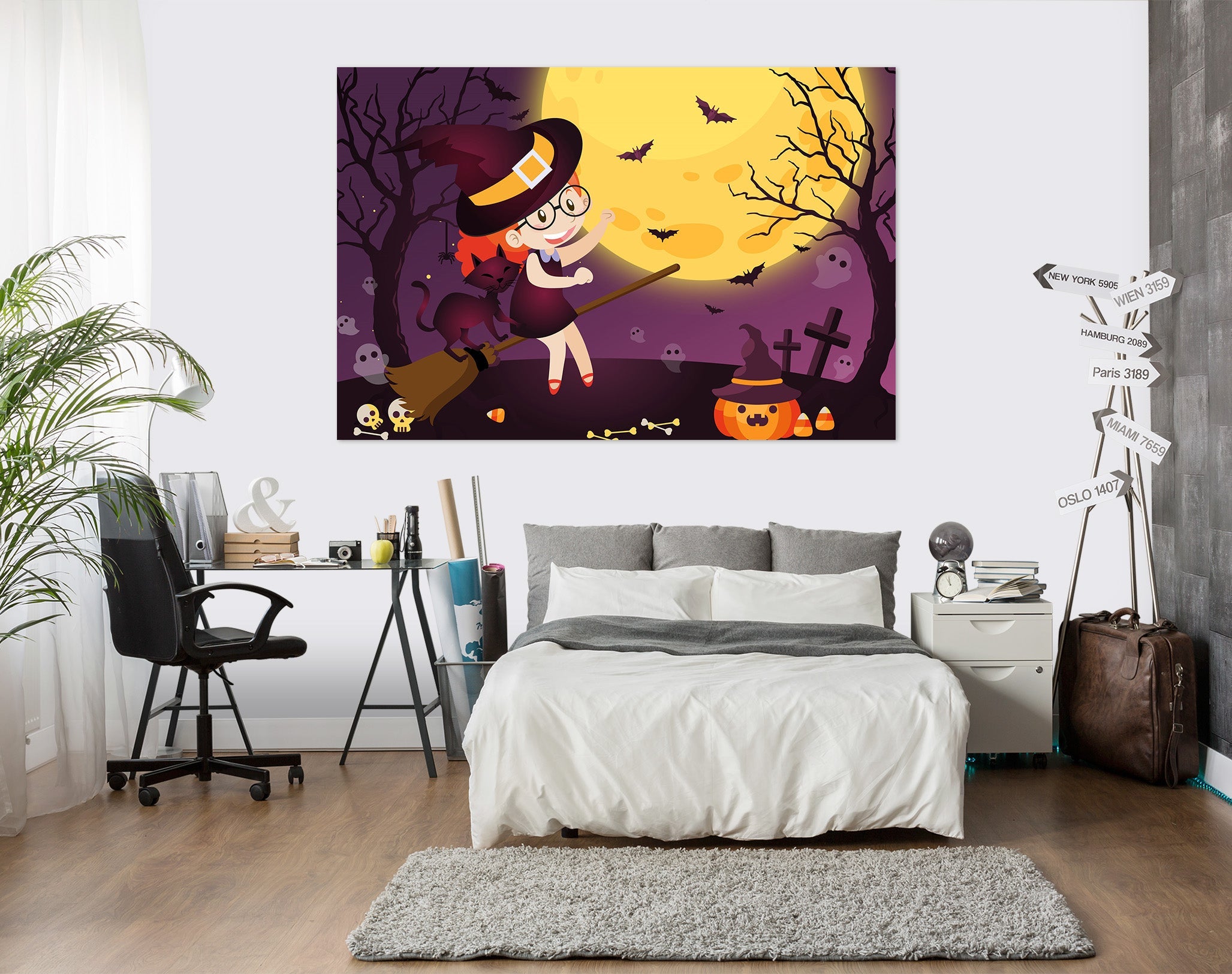 3D Cute Witch Bat Cat 003 Halloween Wall Stickers Wallpaper AJ Wallpaper 2