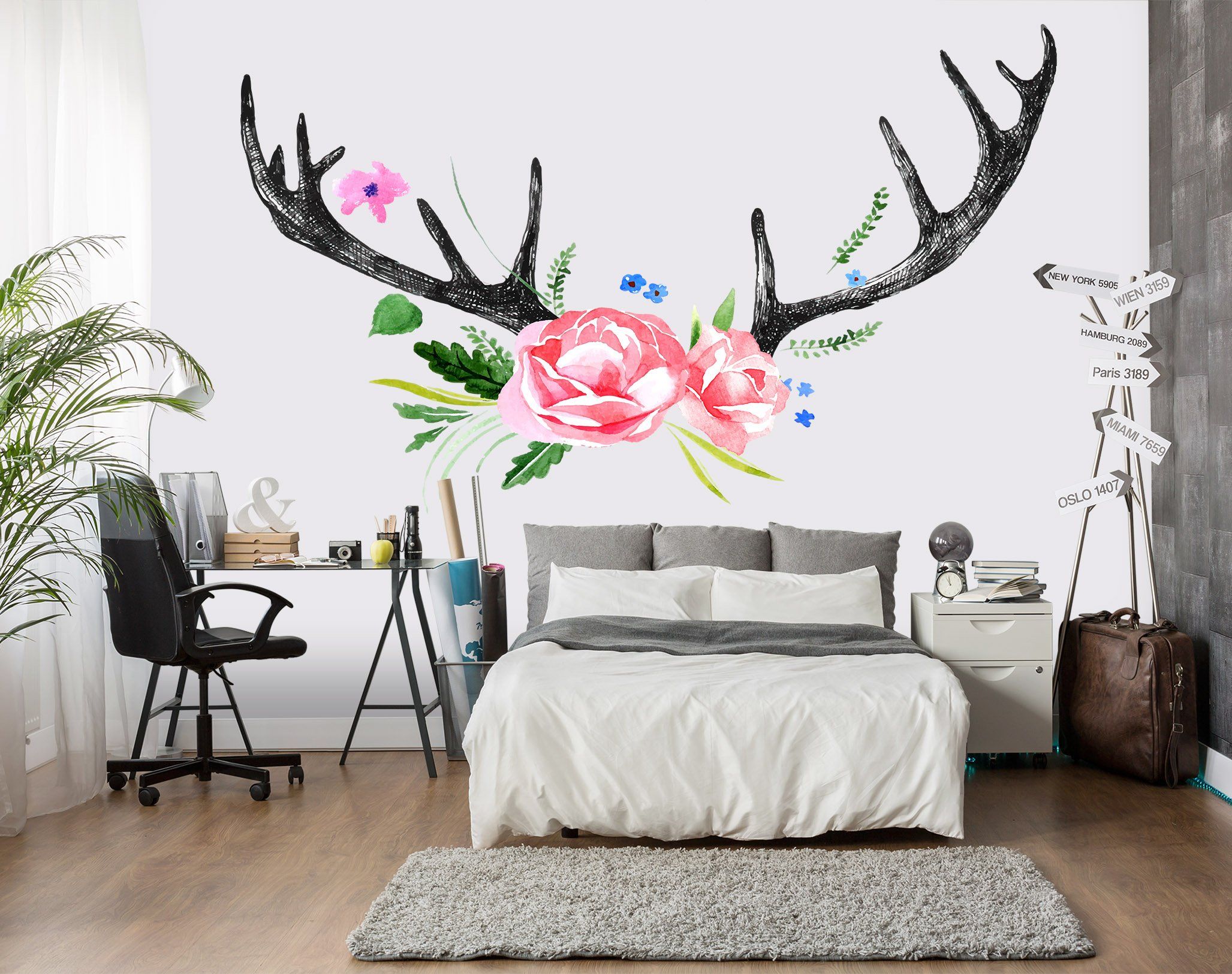 3D Antlers Flowers Wall Stickers Wallpaper AJ Wallpaper