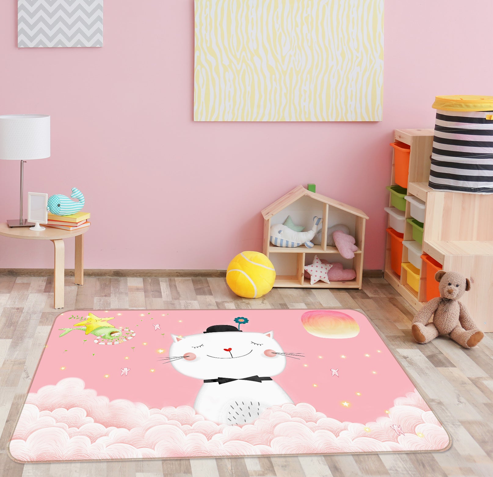 3D Cat Pink Cloud 34037 Non Slip Rug Mat