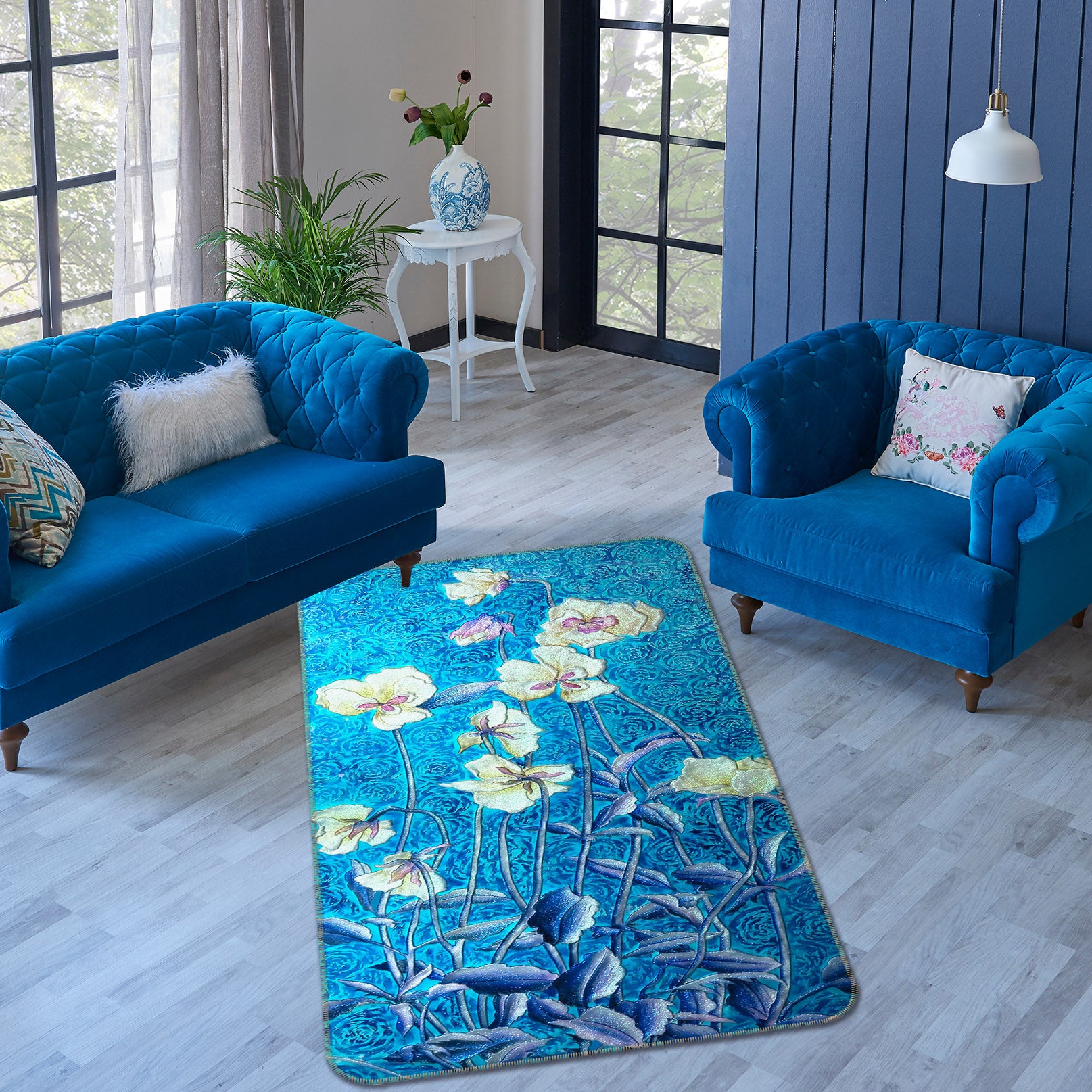 3D Blue Flowers 32212 Non Slip Rug Mat