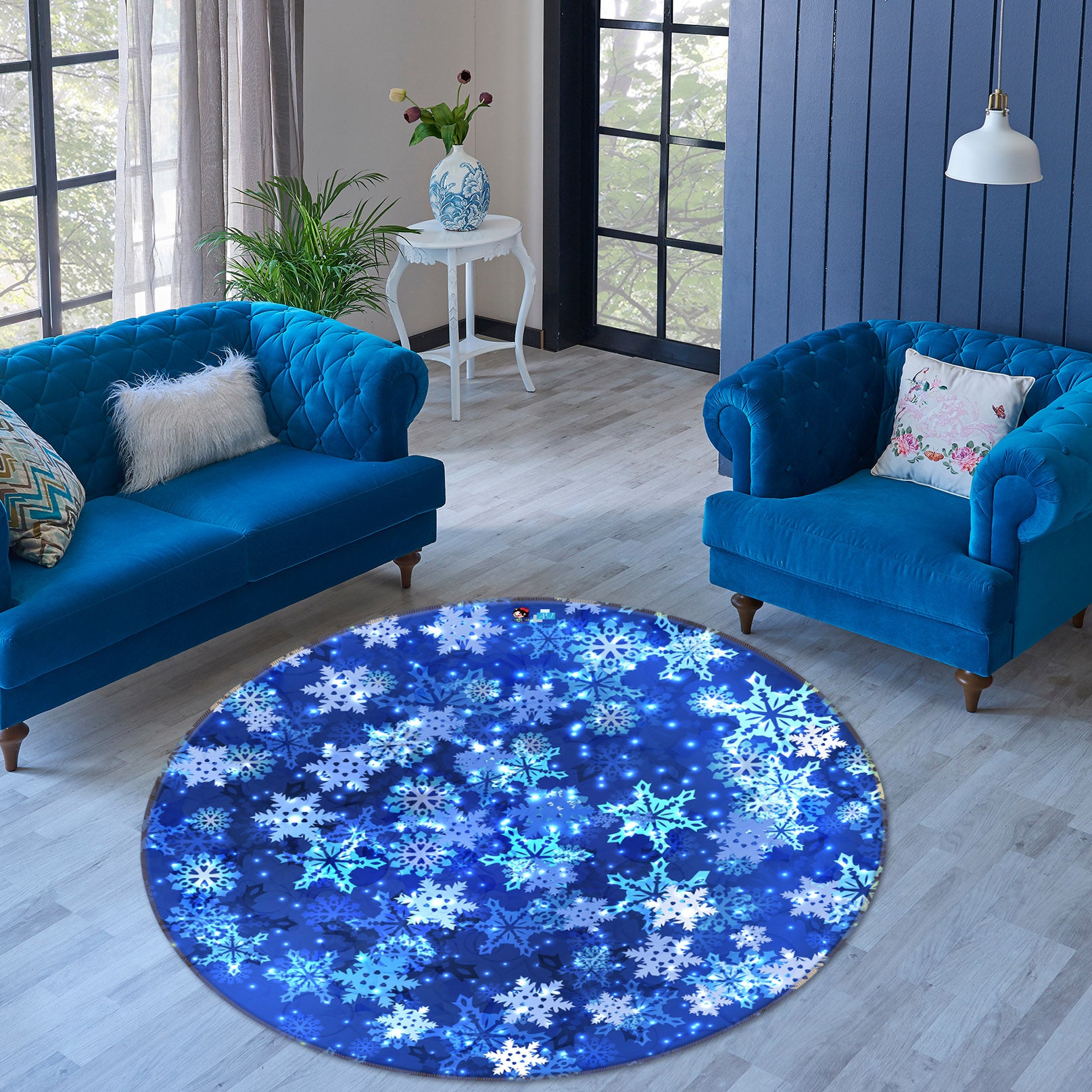 3D Blue Snowflakes 54158 Christmas Round Non Slip Rug Mat Xmas