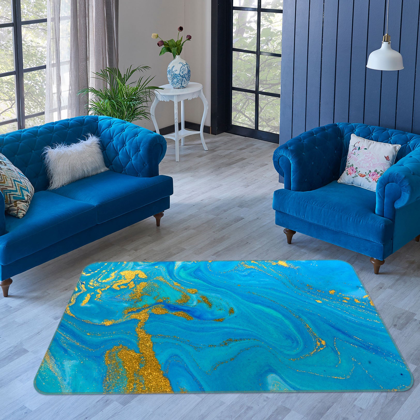 3D Blue Gold Pattern 29153 Non Slip Rug Mat