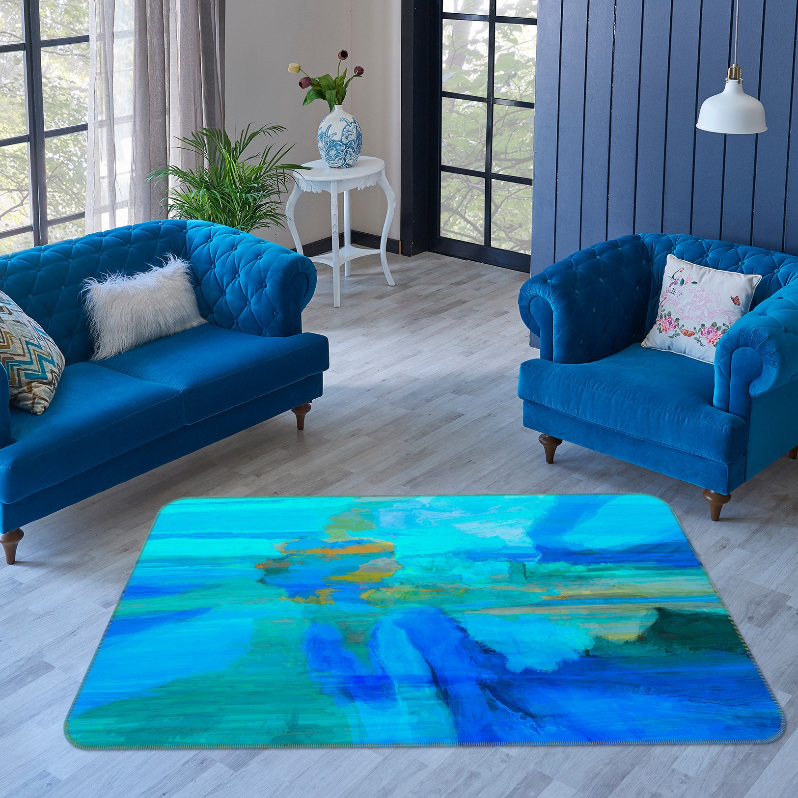 3D Teal Pattern 84012 Michael Tienhaara Rug Non Slip Rug Mat