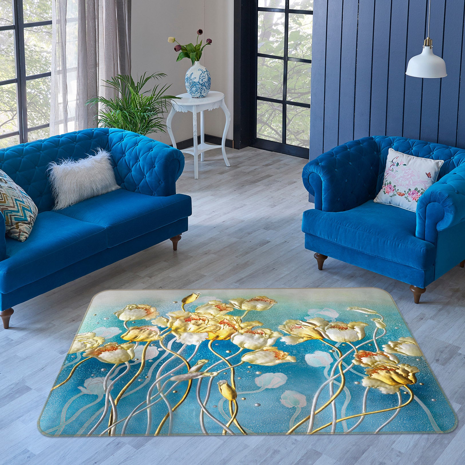 3D Golden Flowers 32087 Non Slip Rug Mat