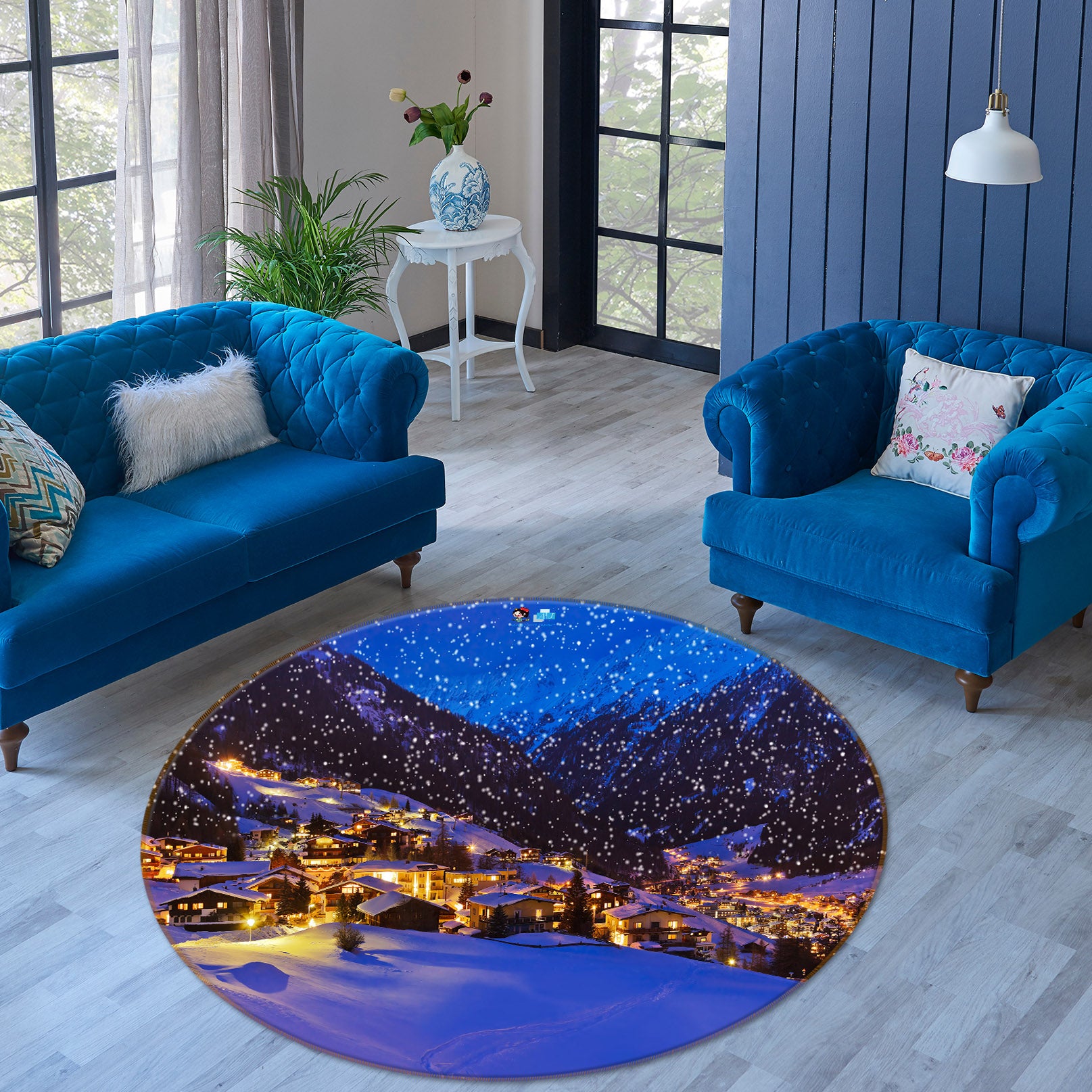 3D Snow Mountain House 54182 Christmas Round Non Slip Rug Mat Xmas