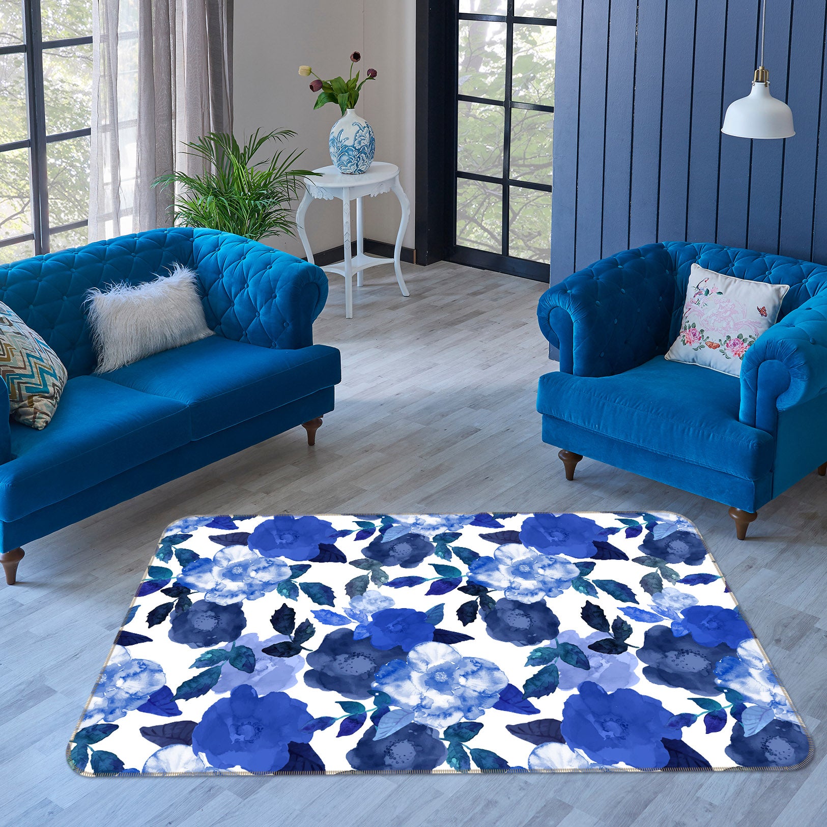 3D Blue Flowers 35071 Non Slip Rug Mat