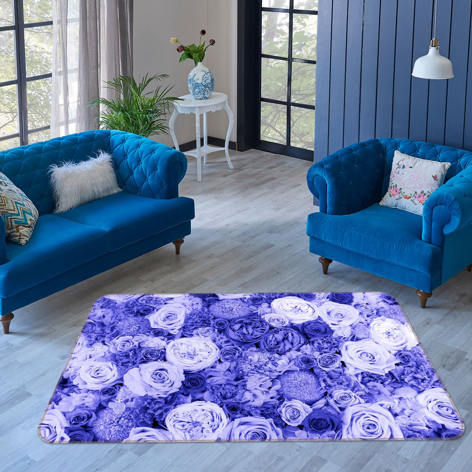 3D Blue Purple Flowers 84180 Noirblanc777 Rug Non Slip Rug Mat