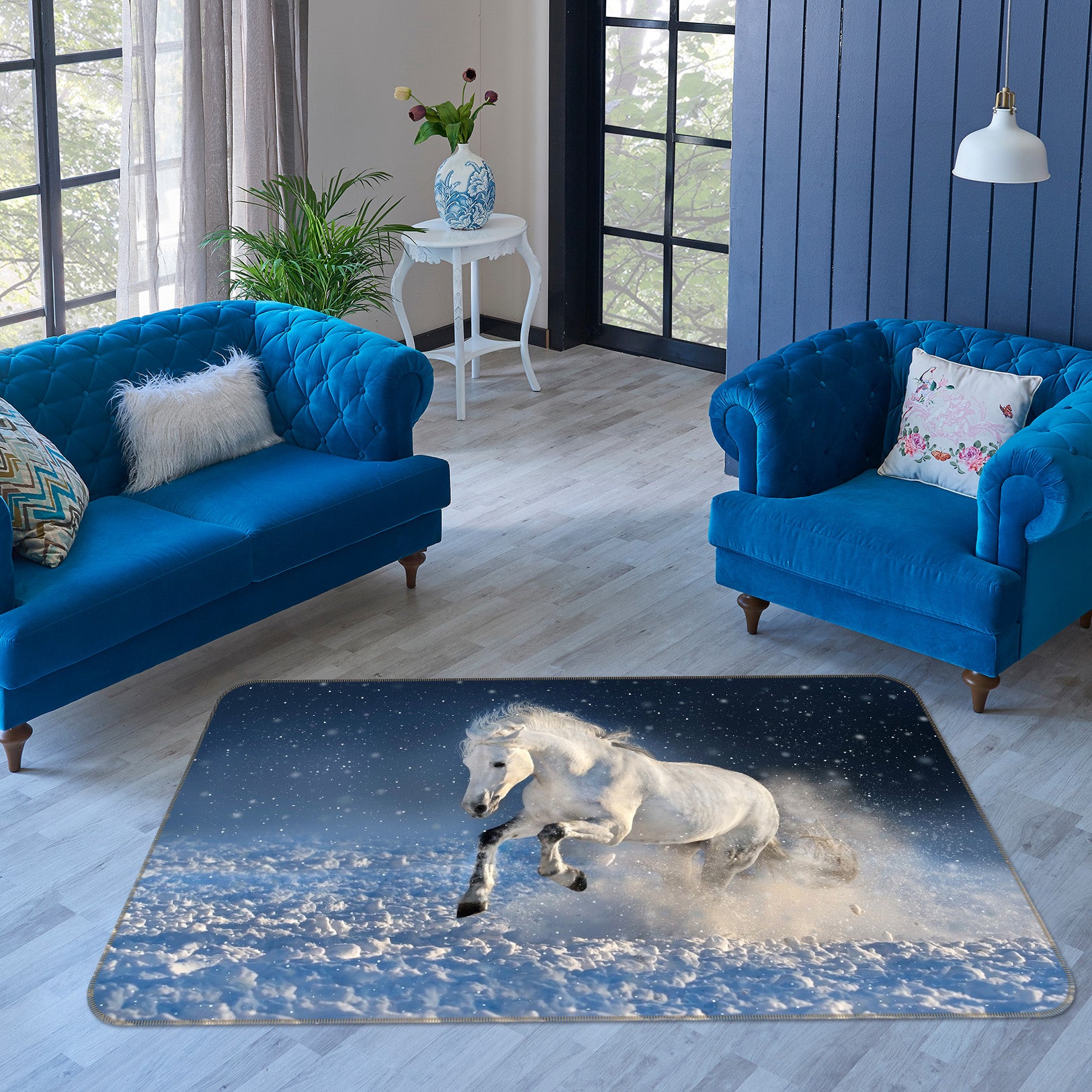 3D White Horse Snow 046 Animal Non Slip Rug Mat