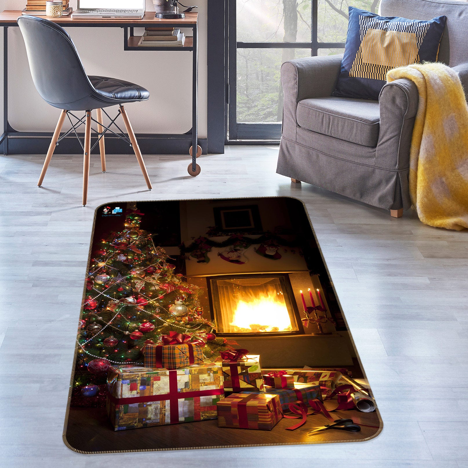 3D Gift Fireplace Tree 55031 Christmas Non Slip Rug Mat Xmas