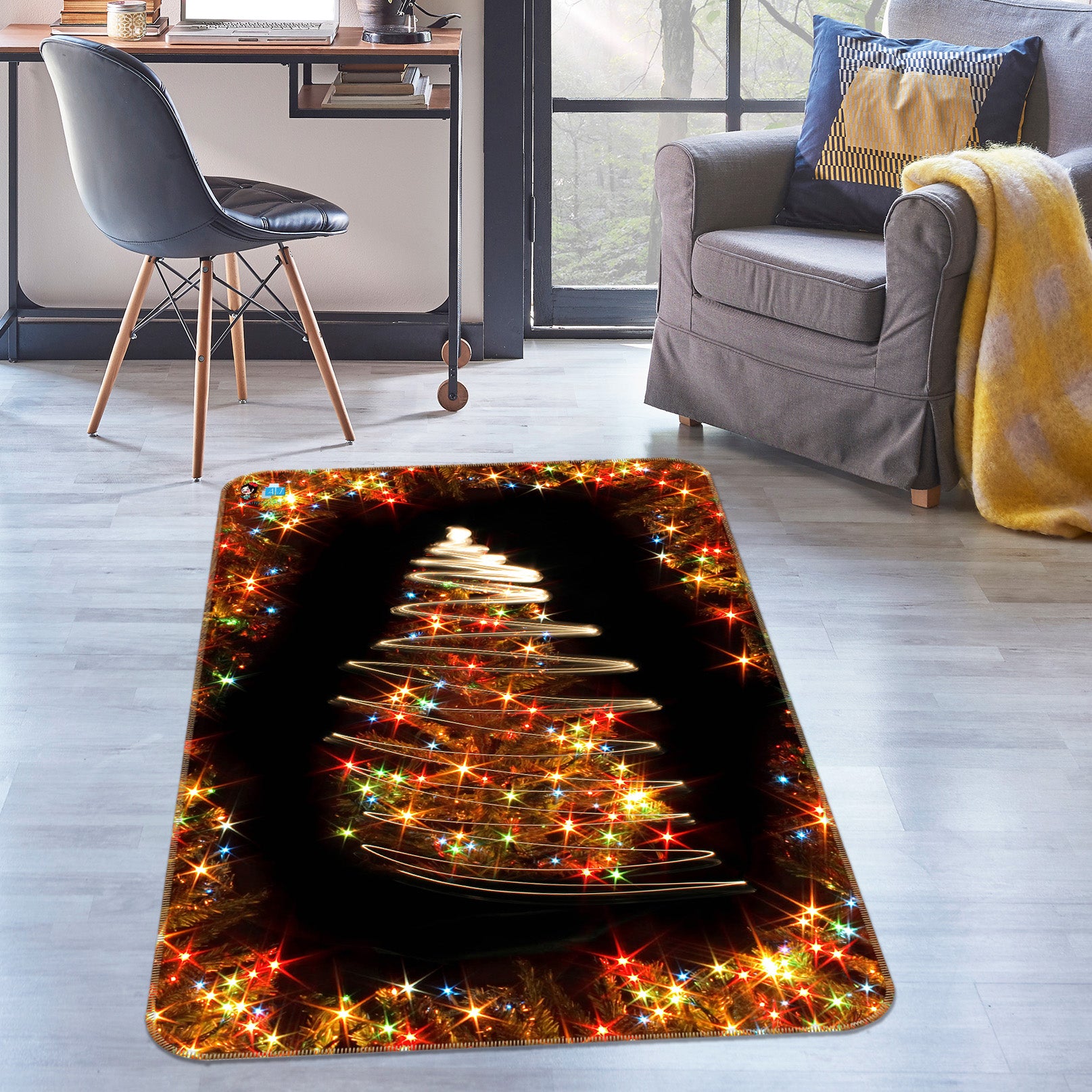 3D Colored Lights Tree 55124 Christmas Non Slip Rug Mat Xmas