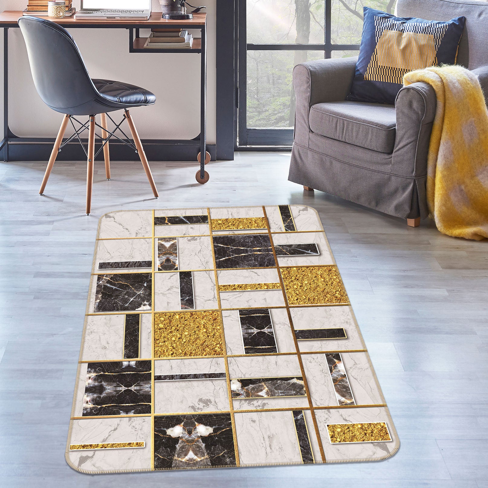 3D Square Pattern 28006 Non Slip Rug Mat