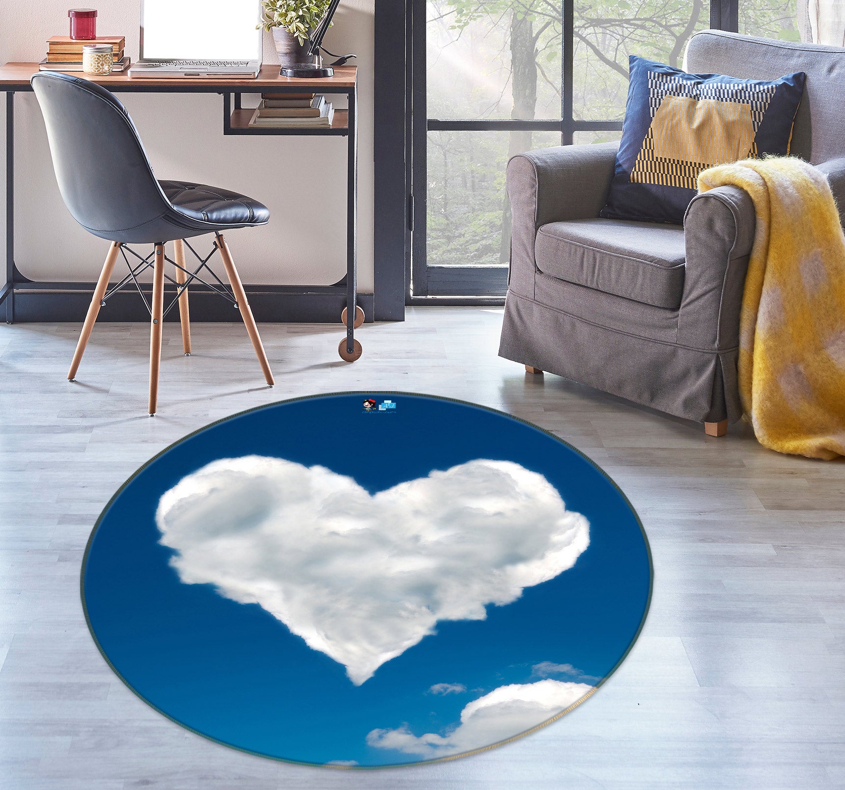 3D Heart Cloud 72274 Round Non Slip Rug Mat