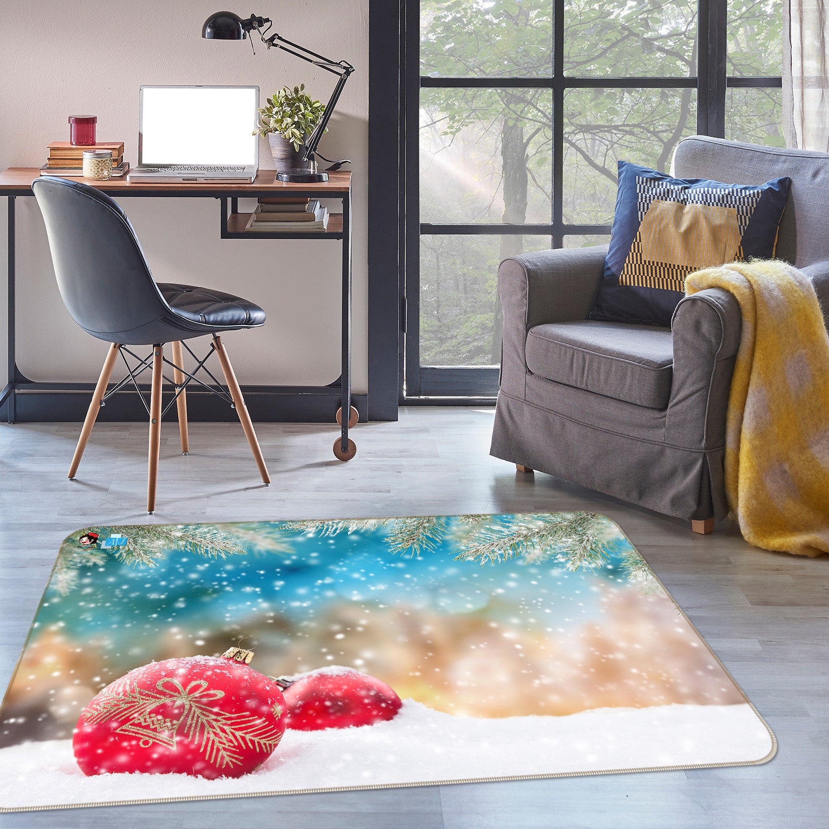 3D Snow Red Ball 55068 Christmas Non Slip Rug Mat Xmas
