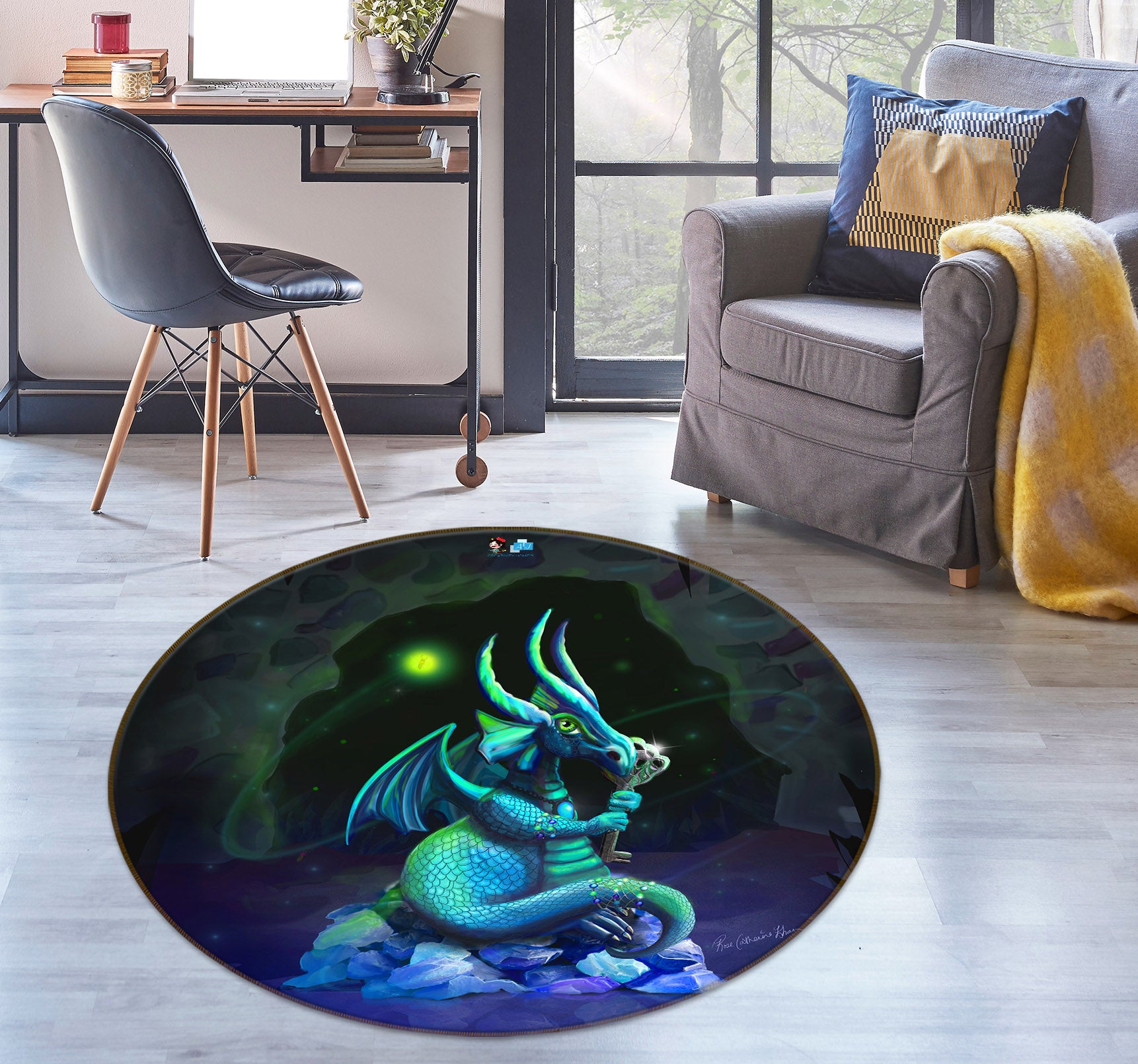 3D Blue-Green Dinosaur 83153 Rose Catherine Khan Rug Round Non Slip Rug Mat