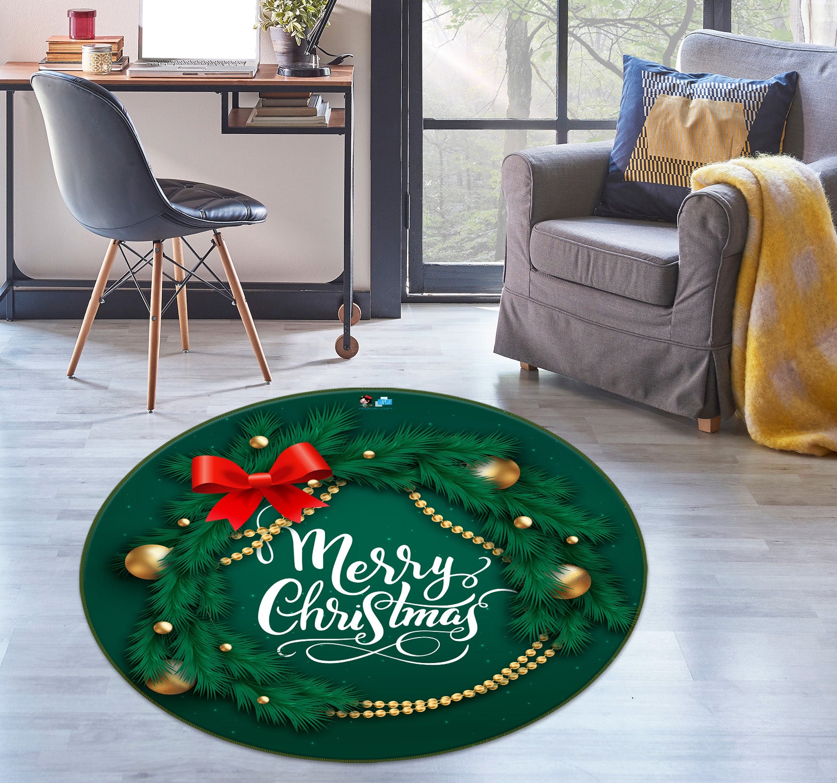 3D Green Christmas Tree 75014 Round Non Slip Rug Mat