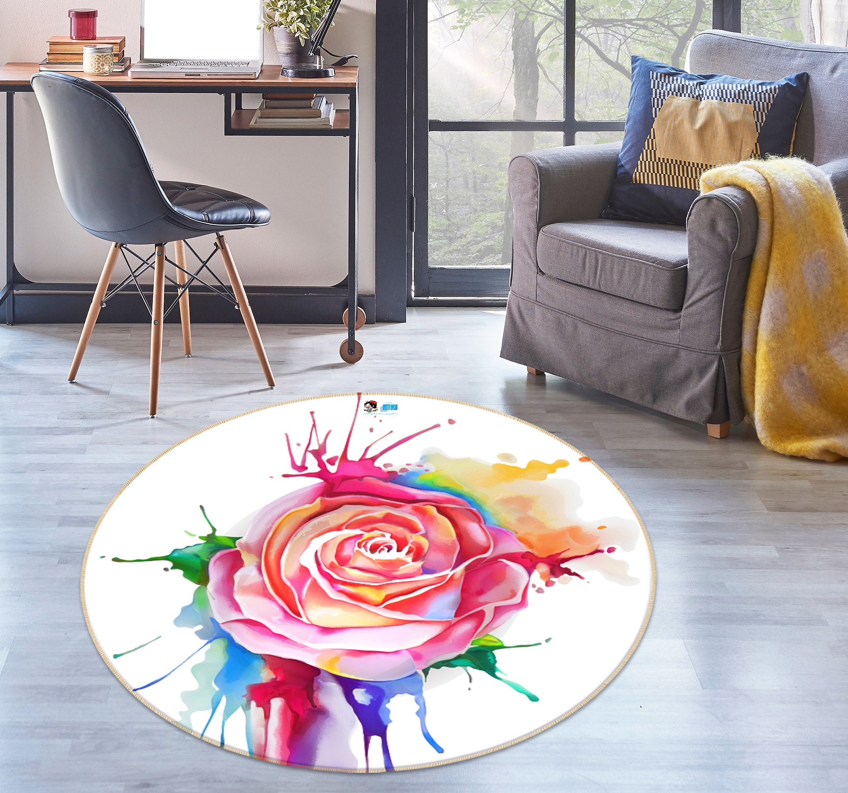 3D Colorful Watercolor Flowers 74225 Round Non Slip Rug Mat