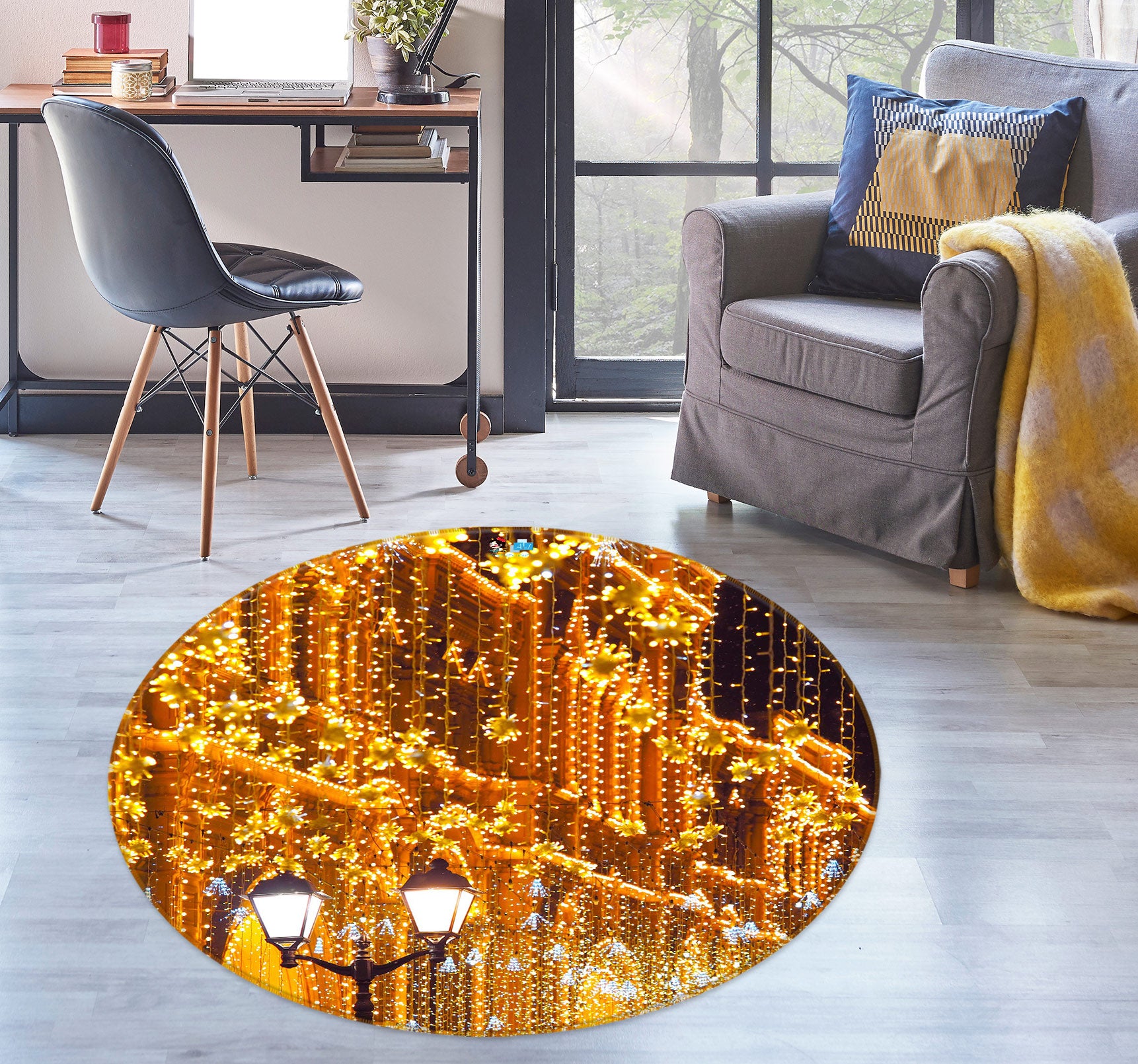 3D Golden Lights 54062 Christmas Round Non Slip Rug Mat Xmas
