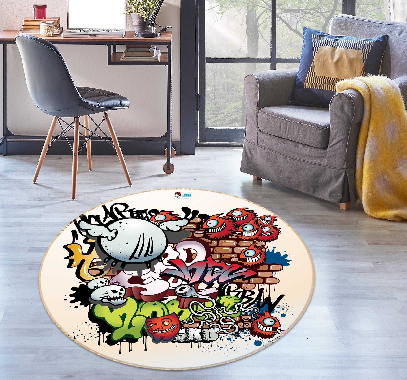 3D Color Graffiti 75002 Round Non Slip Rug Mat