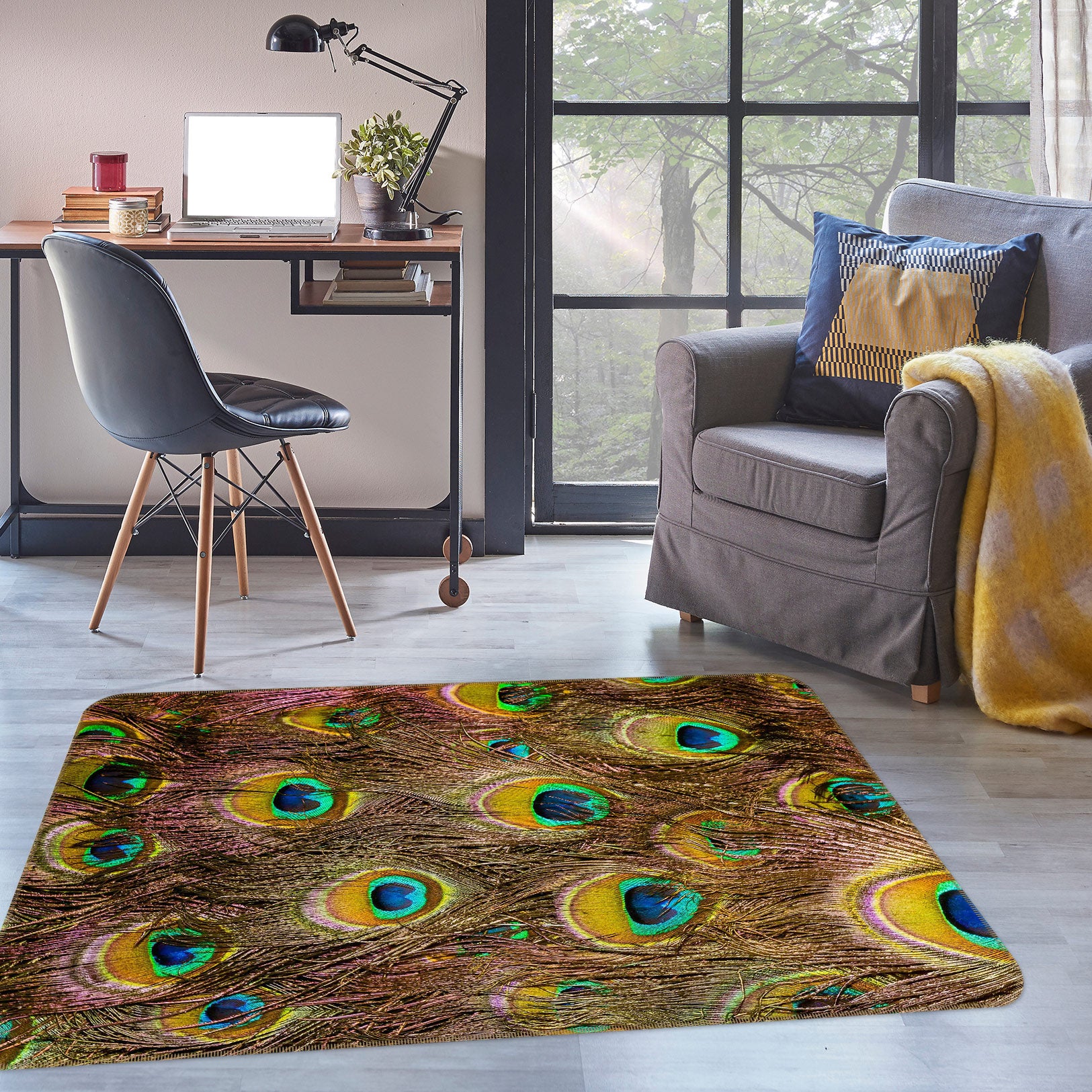 3D Peacock Feather 30016 Non Slip Rug Mat