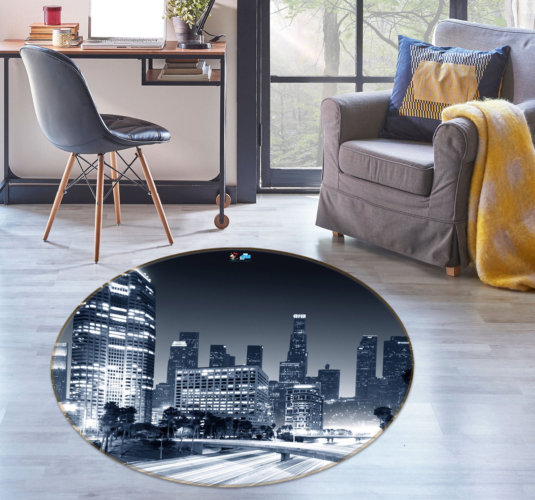 3D Black Ash City Building 72053 Round Non Slip Rug Mat