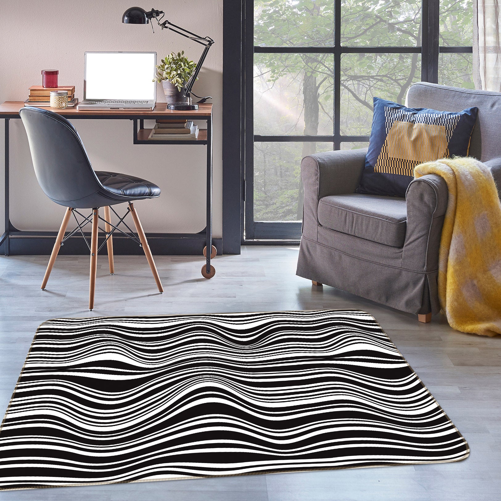 3D Black White Waves 35016 Non Slip Rug Mat