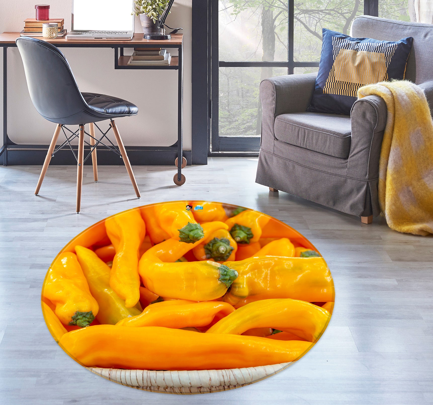 3D Yellow Chili 7555 Assaf Frank Rug Round Non Slip Rug Mat