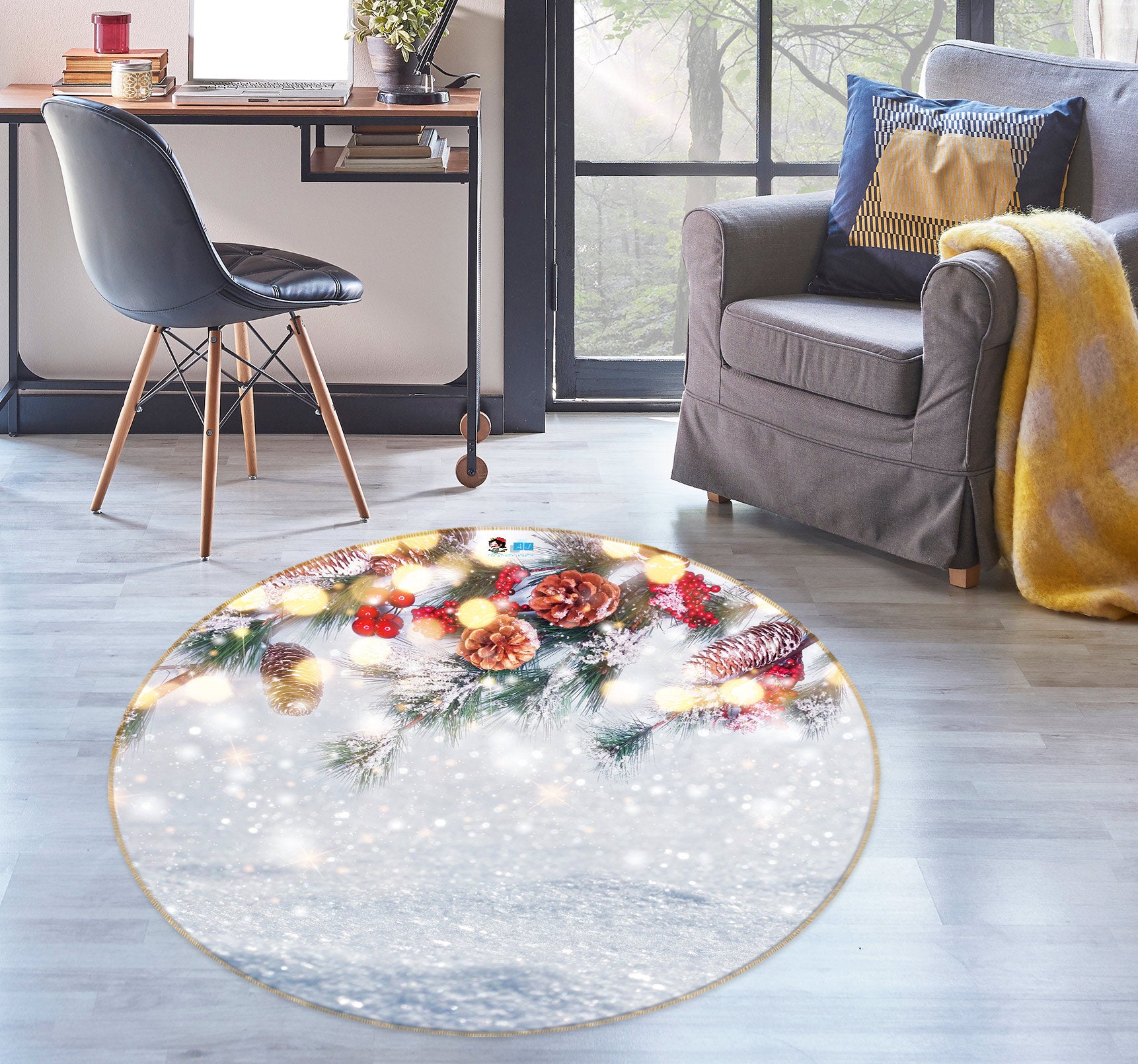 3D Snow Branches 54100 Christmas Round Non Slip Rug Mat Xmas