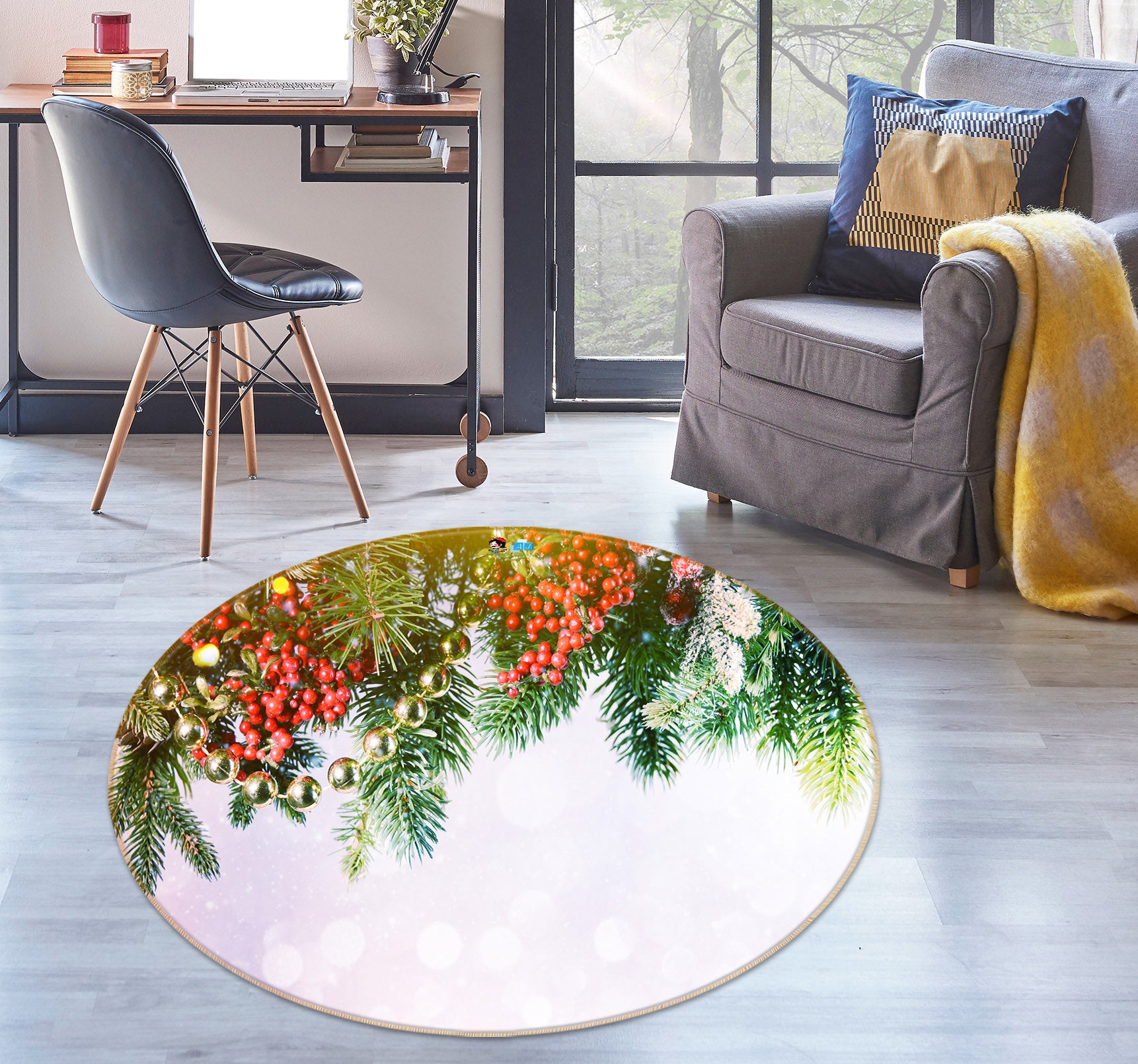 3D Branches 54163 Christmas Round Non Slip Rug Mat Xmas