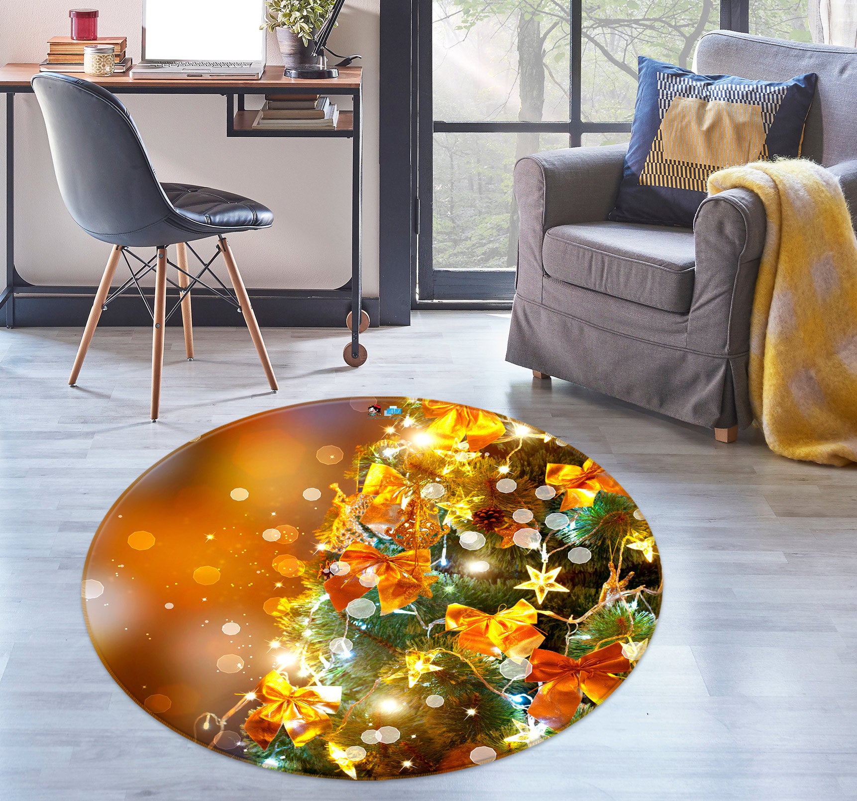 3D Golden Bow 54016 Christmas Round Non Slip Rug Mat Xmas