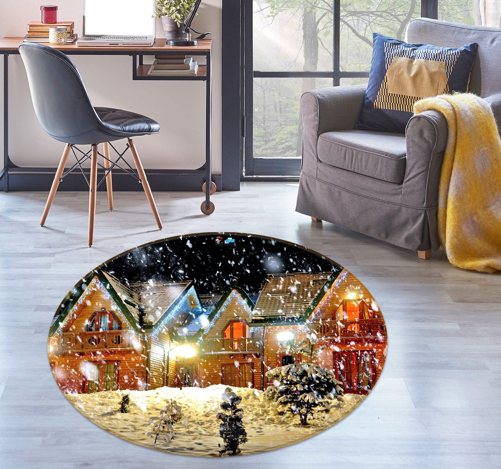 3D Snow Houses 54120 Christmas Round Non Slip Rug Mat Xmas