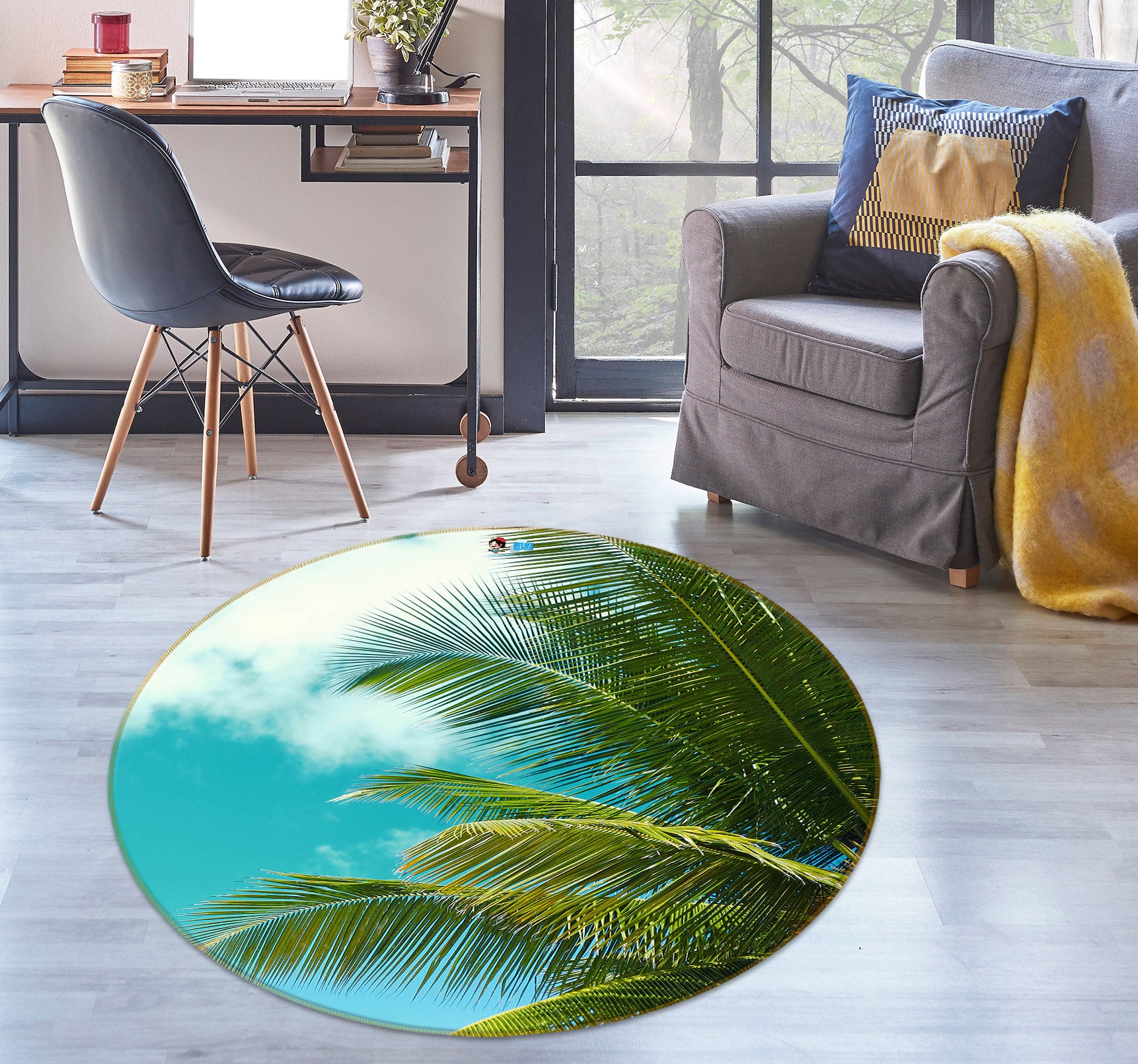 3D Coconut Branch 75119 Round Non Slip Rug Mat