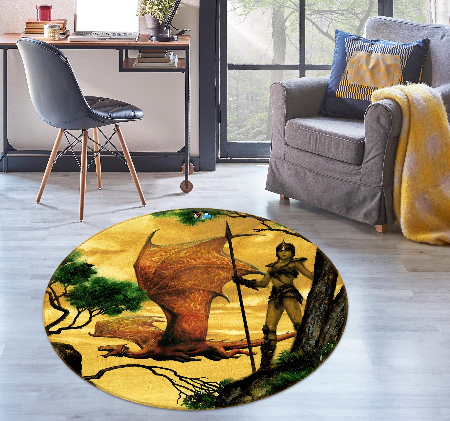 3D Pterosaur Tree Warrior 6120 Ciruelo Rug Round Non Slip Rug Mat