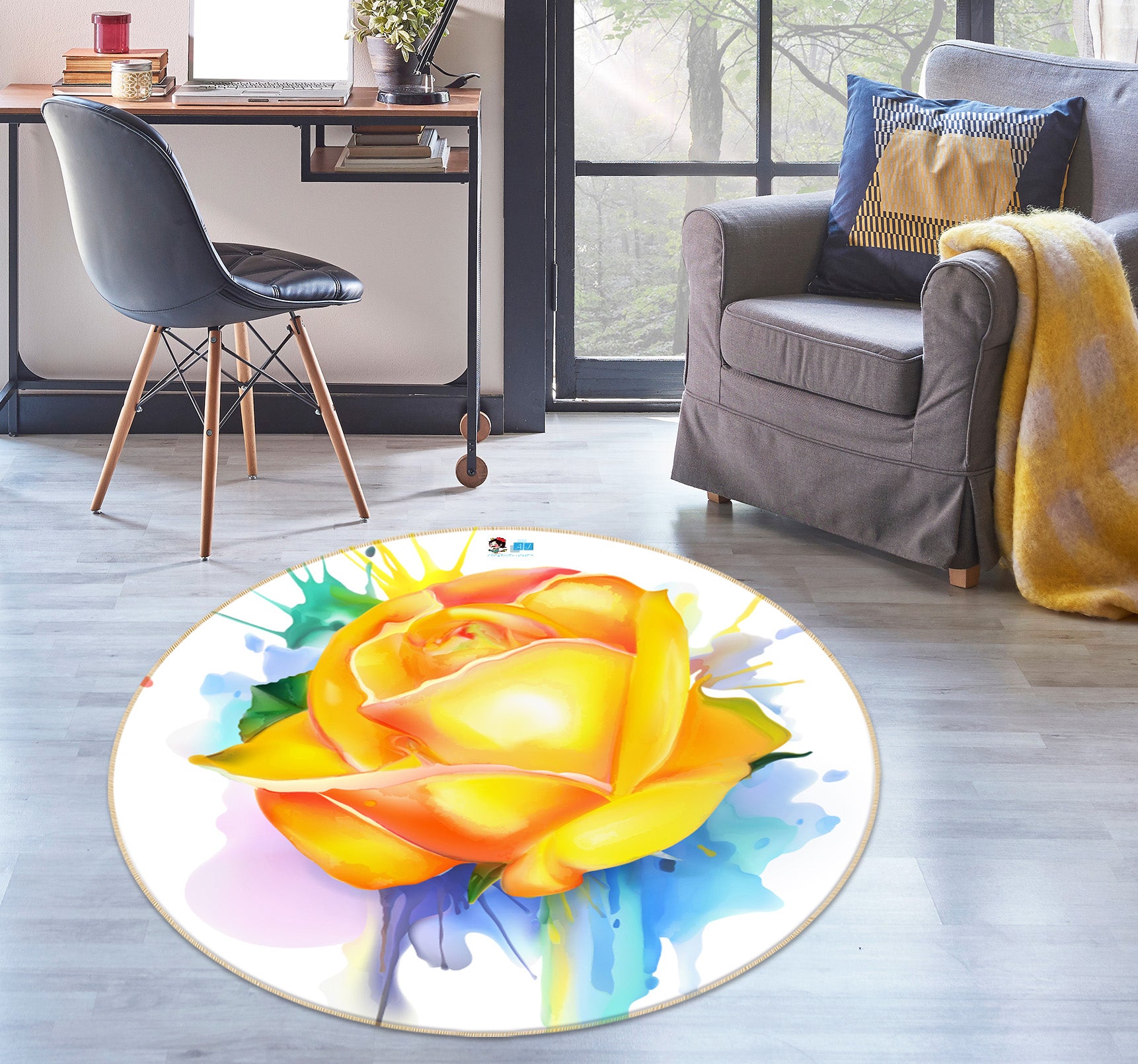 3D Yellow Rose 74216 Round Non Slip Rug Mat