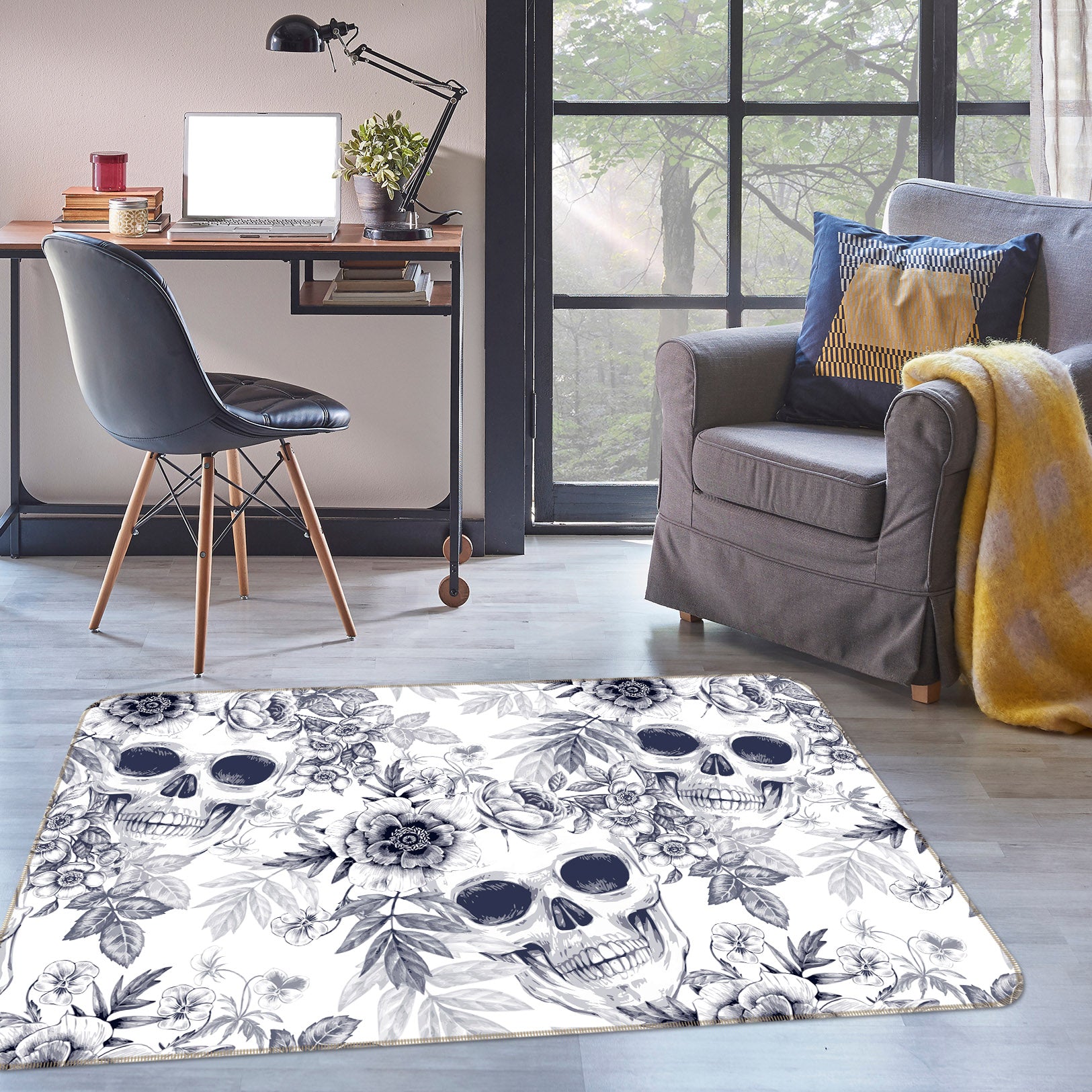 3D Skull Flower 35062 Non Slip Rug Mat