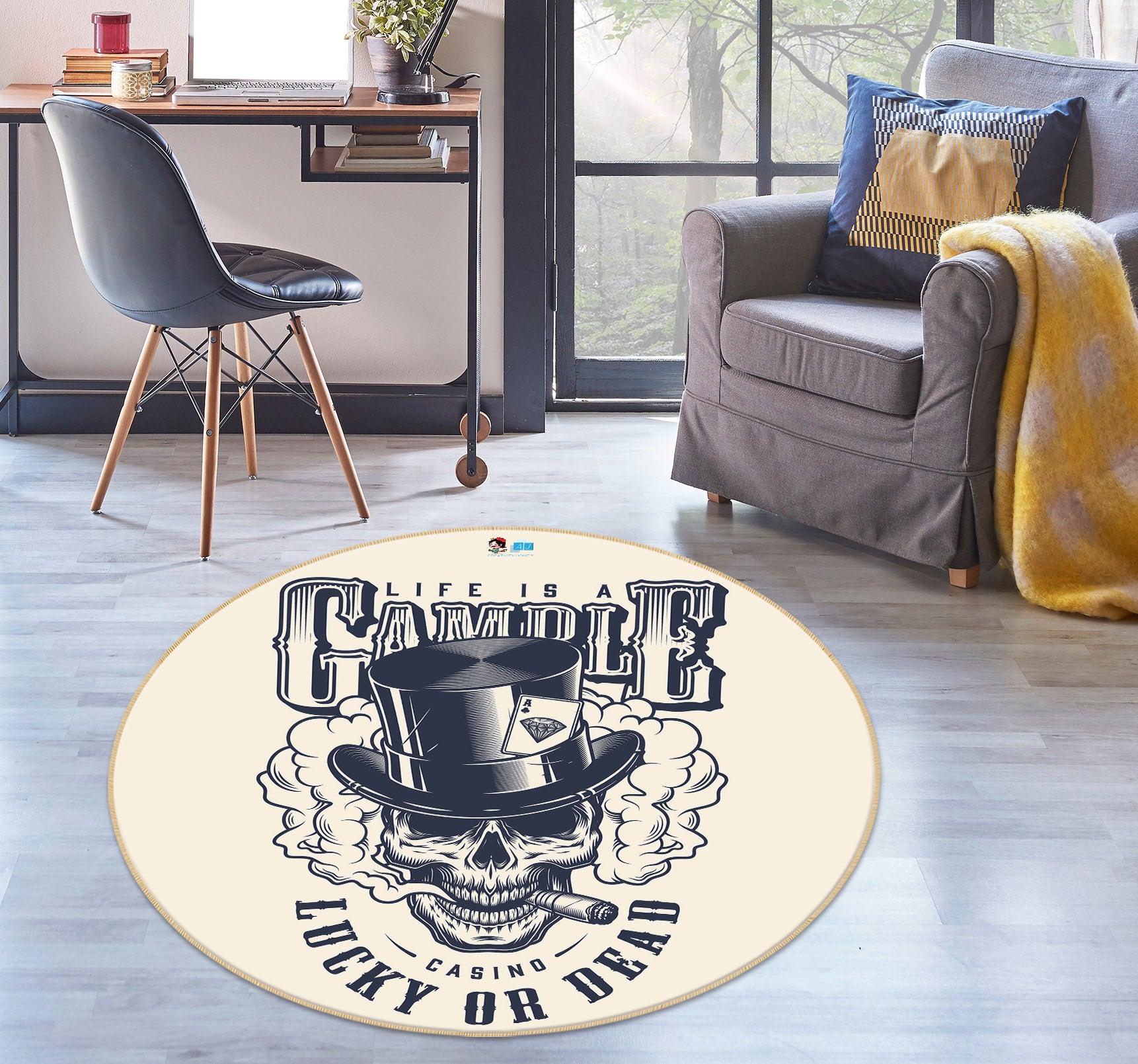 3D Black White Skull 75040 Round Non Slip Rug Mat