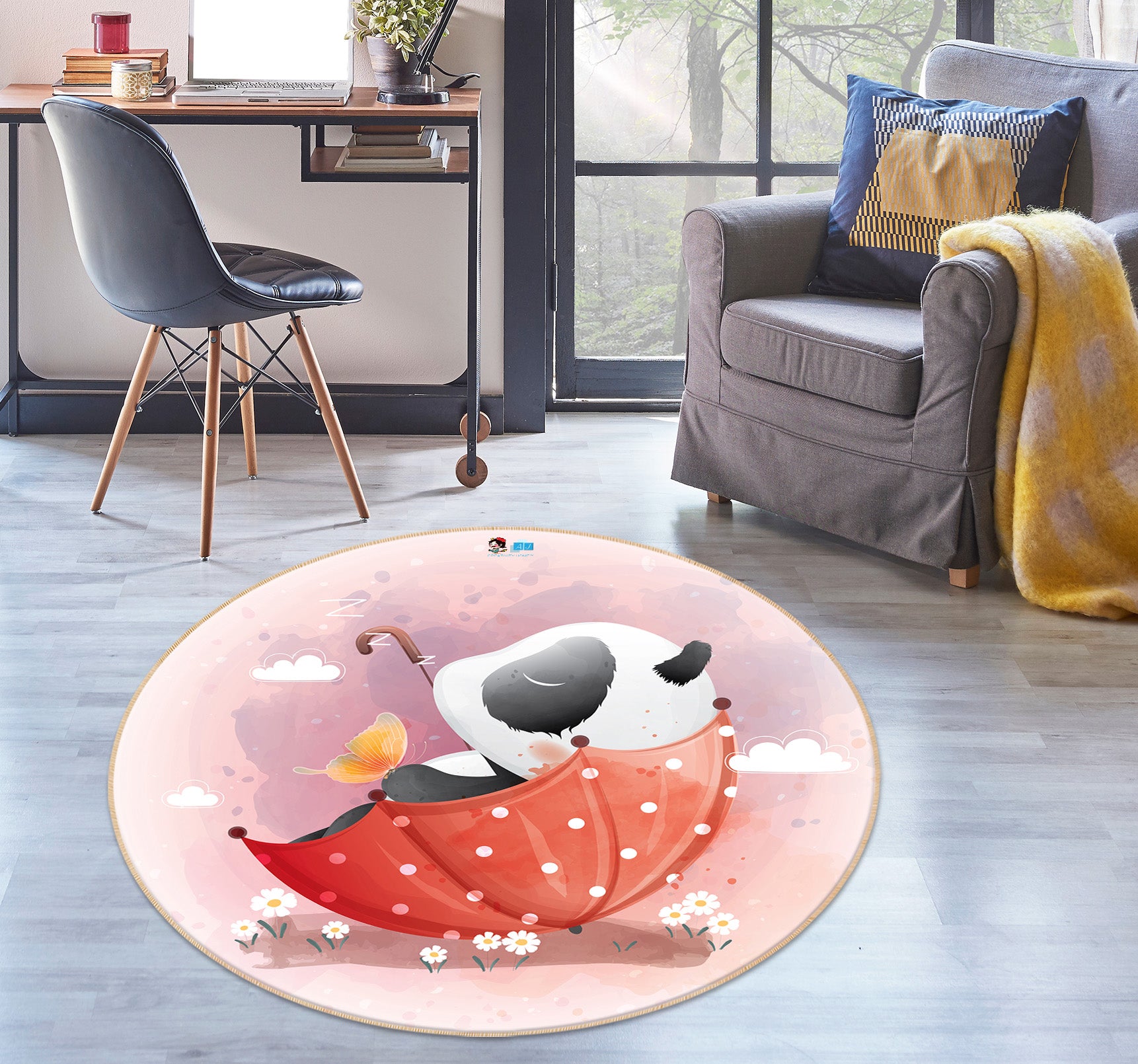 3D Red Umbrella Panda 74223 Round Non Slip Rug Mat