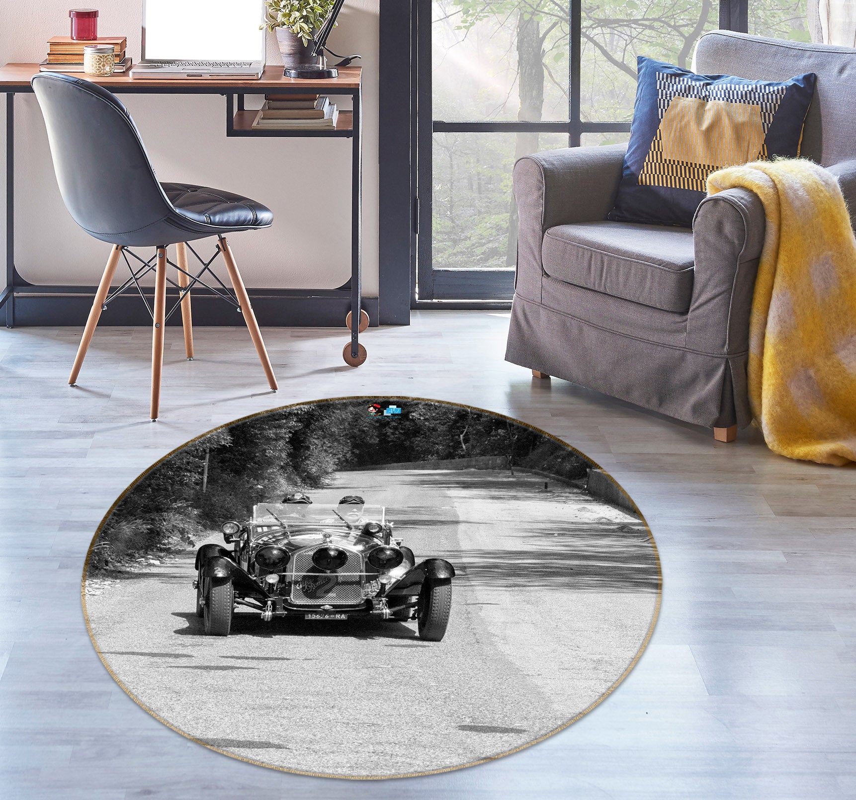 3D Tree Road Car 74193 Round Non Slip Rug Mat