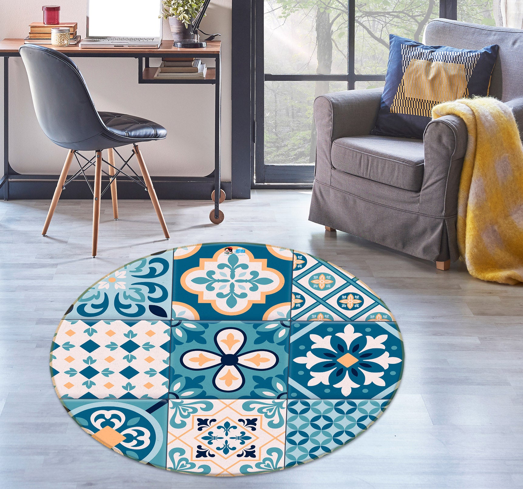 3D Blue Block Pattern 75048 Round Non Slip Rug Mat