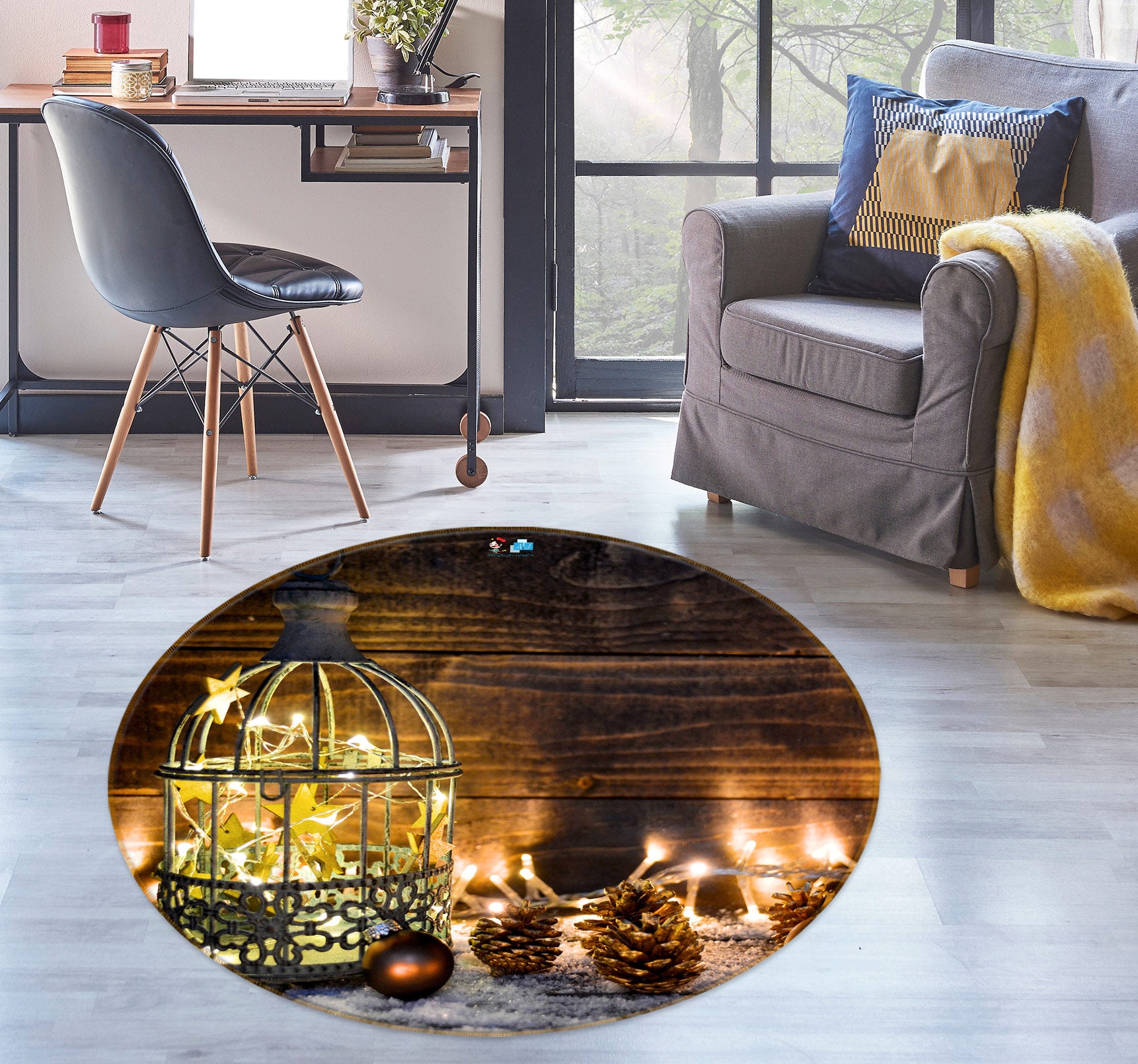 3D String Lights Pineta 54084 Christmas Round Non Slip Rug Mat Xmas