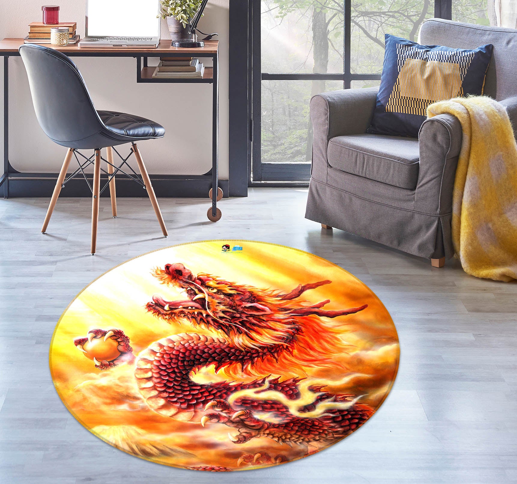 3D Red Dragon 6055 Kayomi Harai Rug Round Non Slip Rug Mat