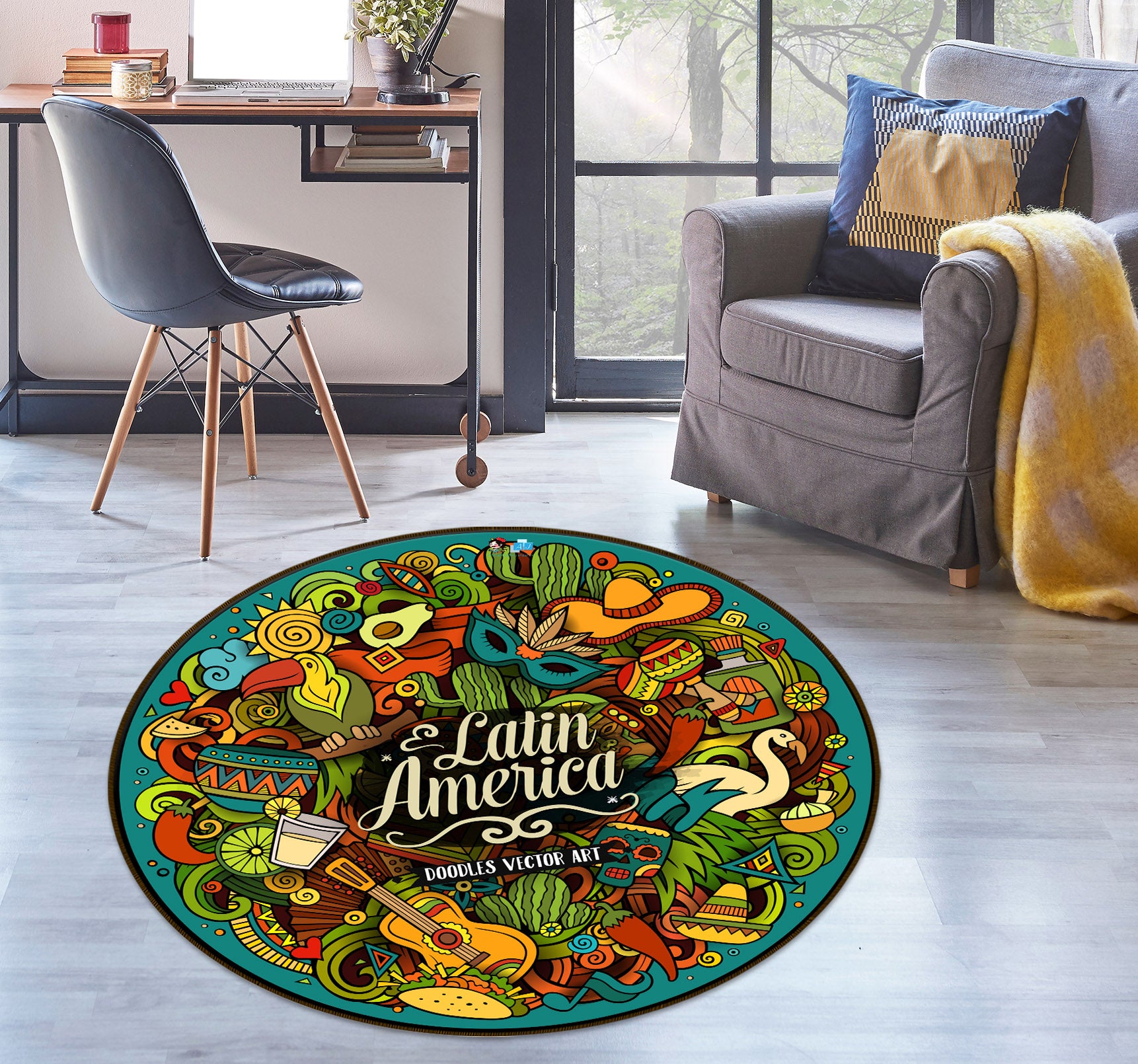 3D Guitar Green Plant Pattern 75003 Round Non Slip Rug Mat