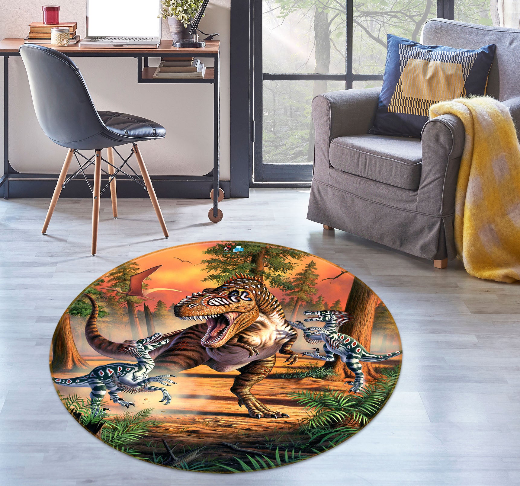 3D Forest Dinosaur 83123 Jerry LoFaro Rug Round Non Slip Rug Mat