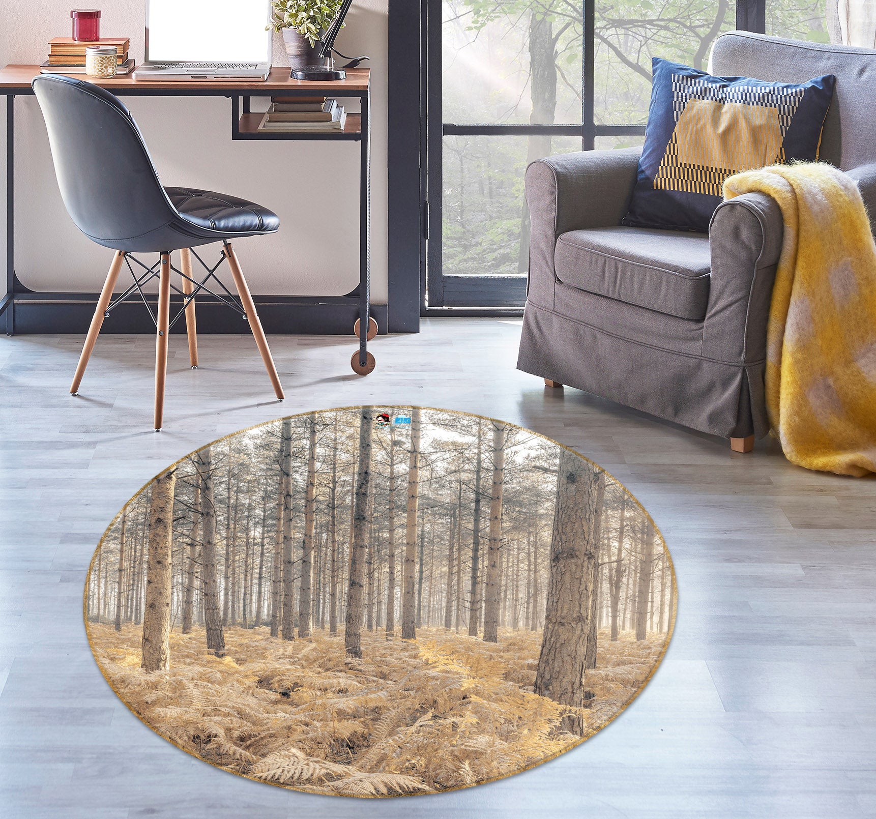 3D Yellow Leaves 7369 Assaf Frank Rug Round Non Slip Rug Mat