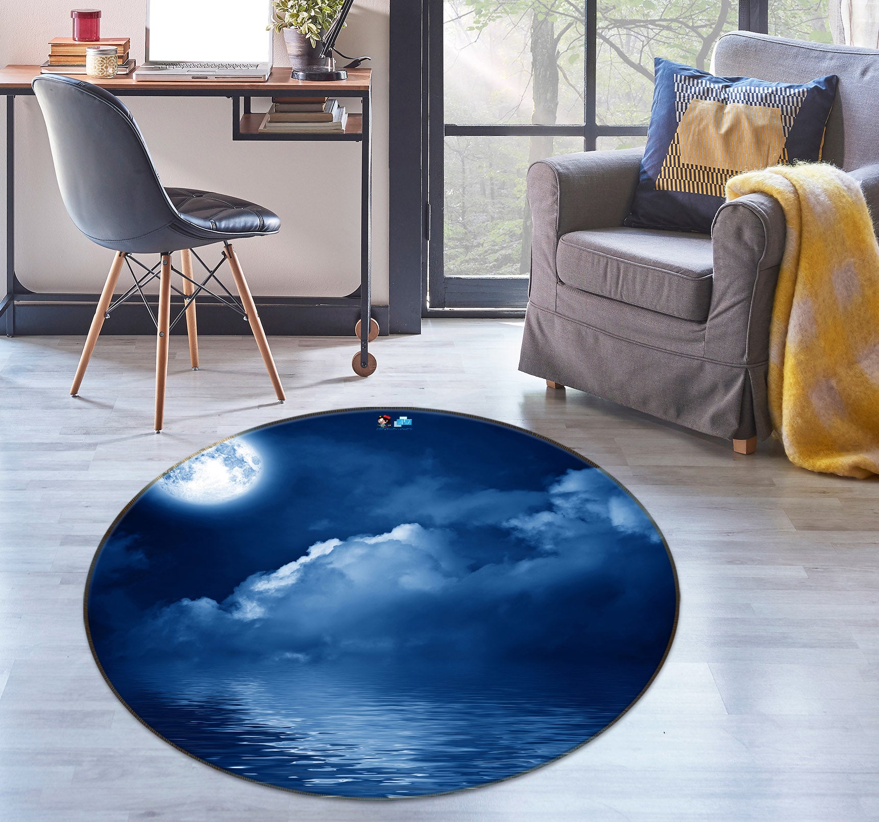 3D Moon Cloud 72064 Round Non Slip Rug Mat