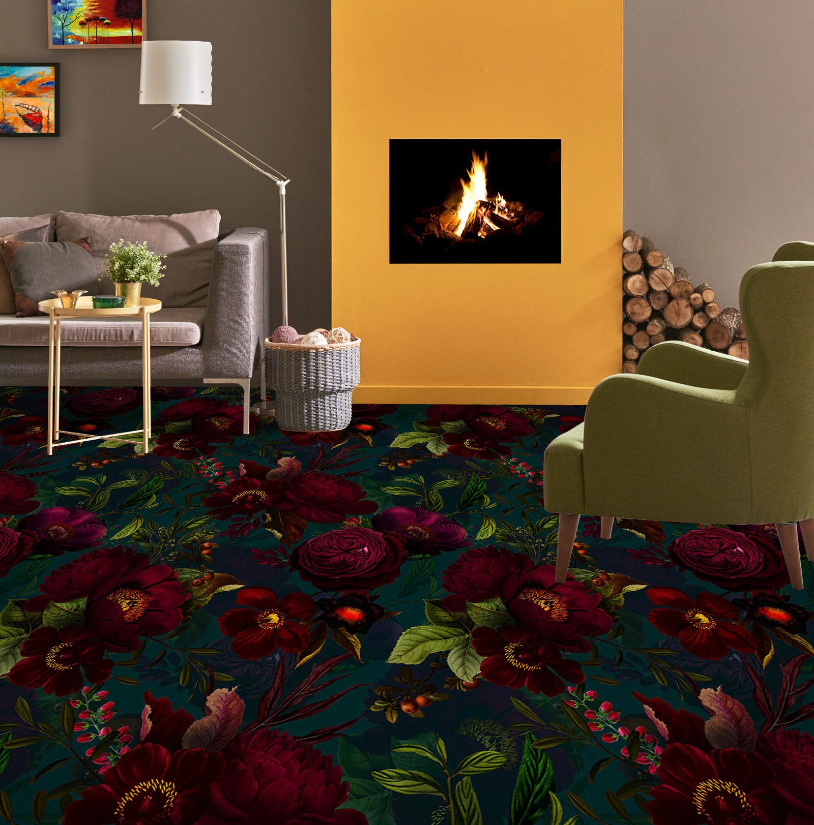 3D Dark Red Flowers 10027 Uta Naumann Floor Mural