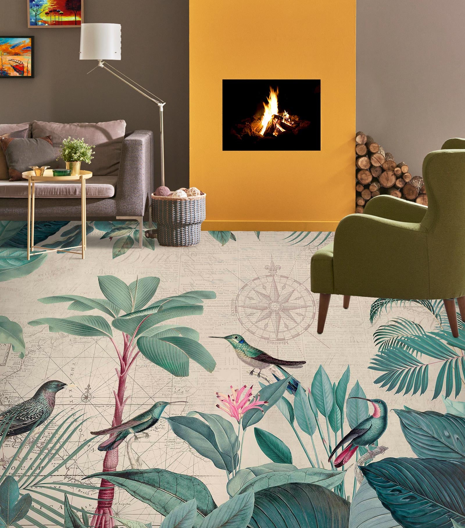 3D Tree Leaves Bird 10047 Andrea Haase Floor Mural
